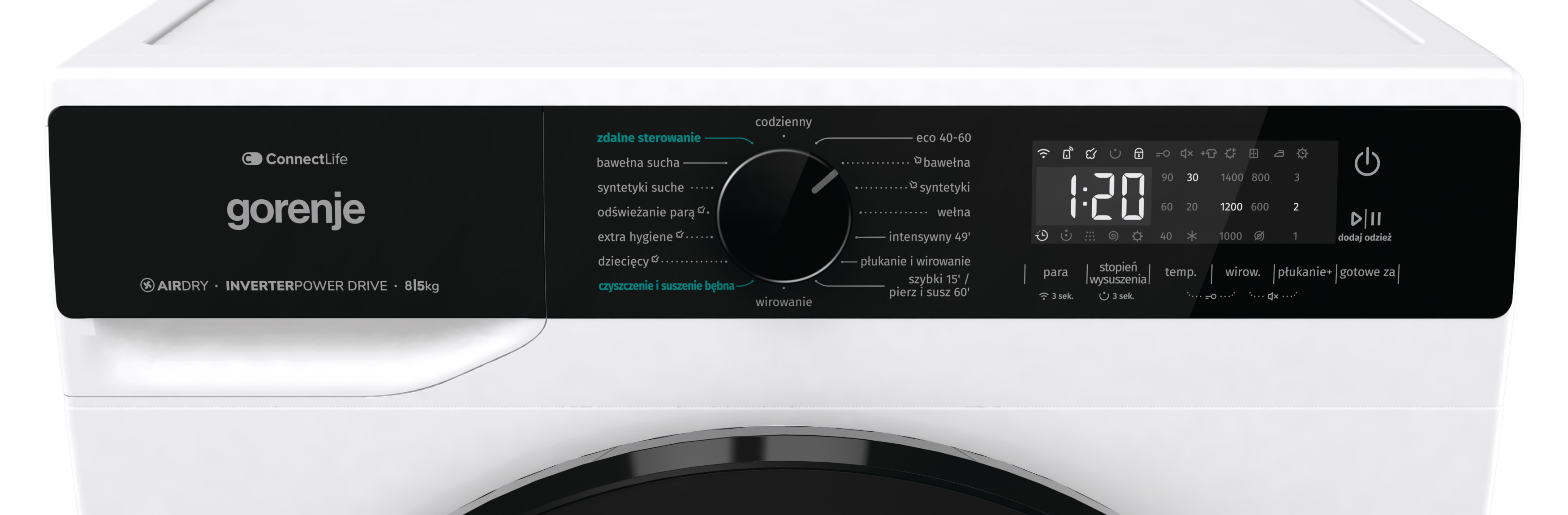 Panel sterowania pralki Gorenje. Posiada pokrętło, cyfrowy wyświetlacz z 1:20 i różne przyciski.