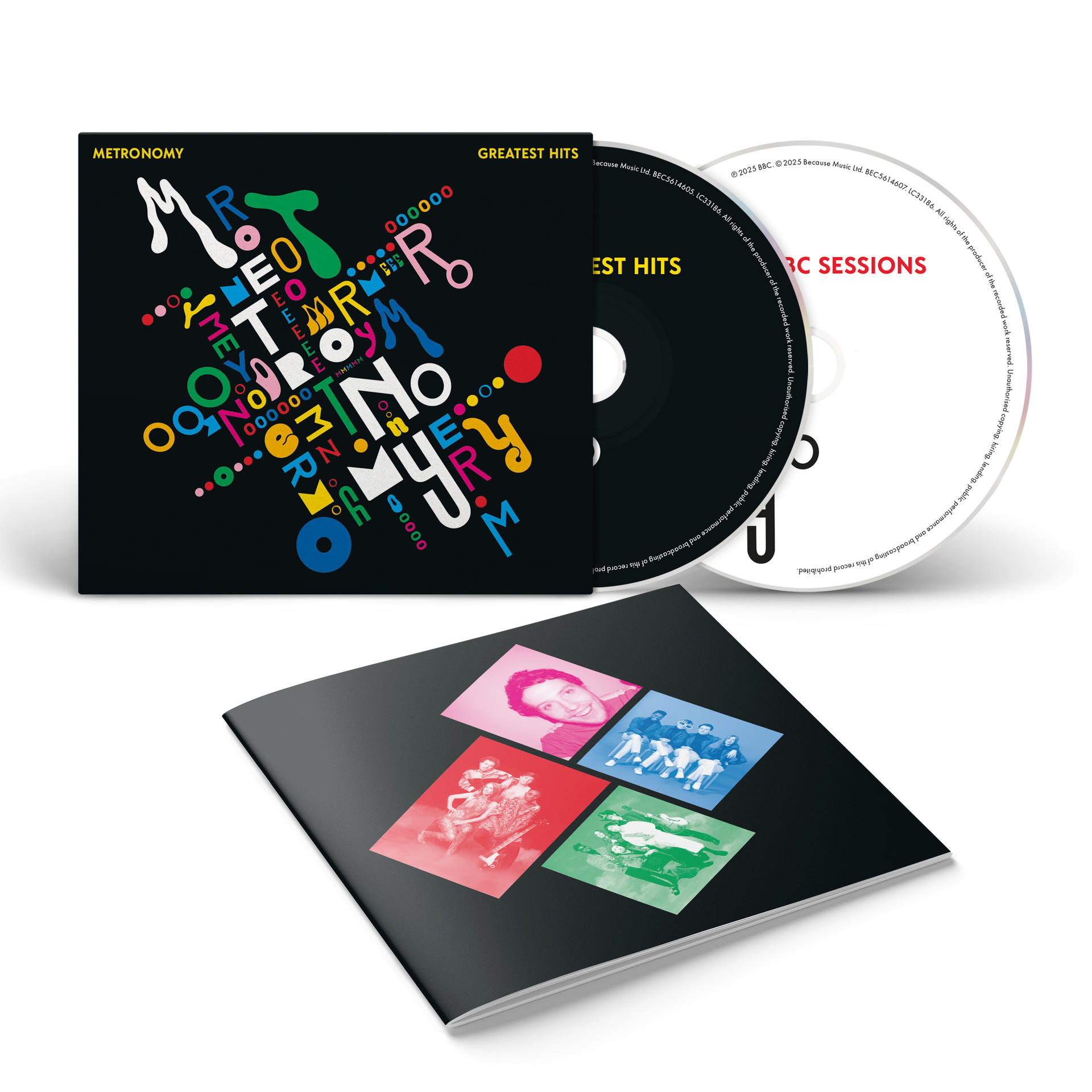 Albumhoes voor Greatest Hits van Metronomy. De hoes is zwart met kleurrijke tekst, cd's en een boekje met bandfoto's.