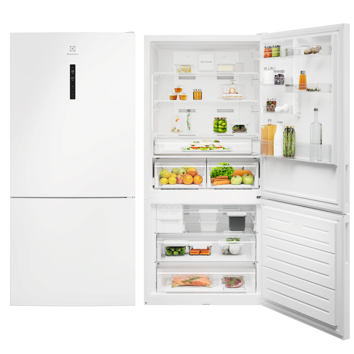 Beyaz bir Electrolux buzdolabı, kısmen açık, raflarında meyveler, sebzeler, kavanozlar ve şişeler görülebilir.