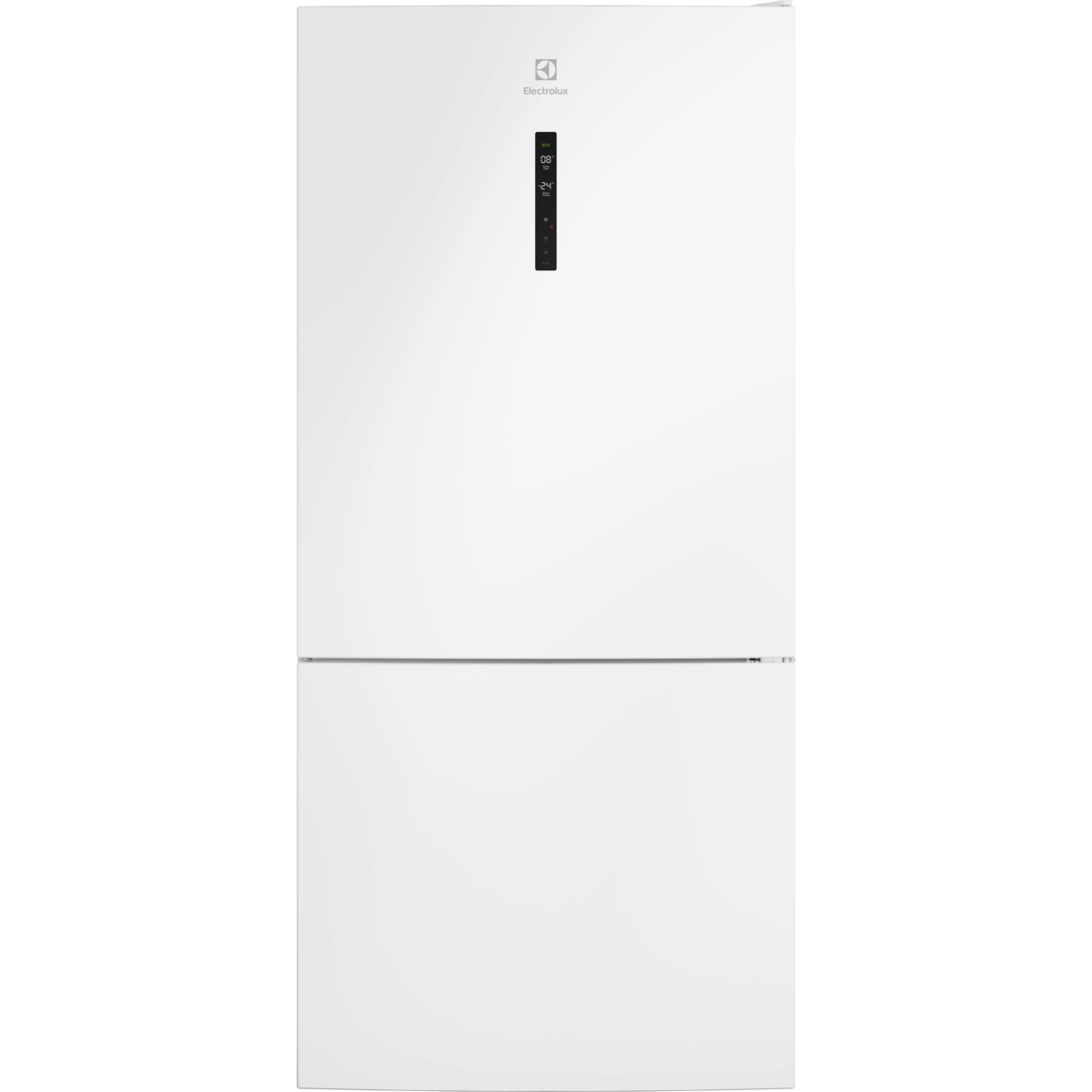 Dijital ekranlı beyaz bir Electrolux buzdolabı. Buzdolabının üst ve alt kapı olmak üzere iki bölümü vardır.