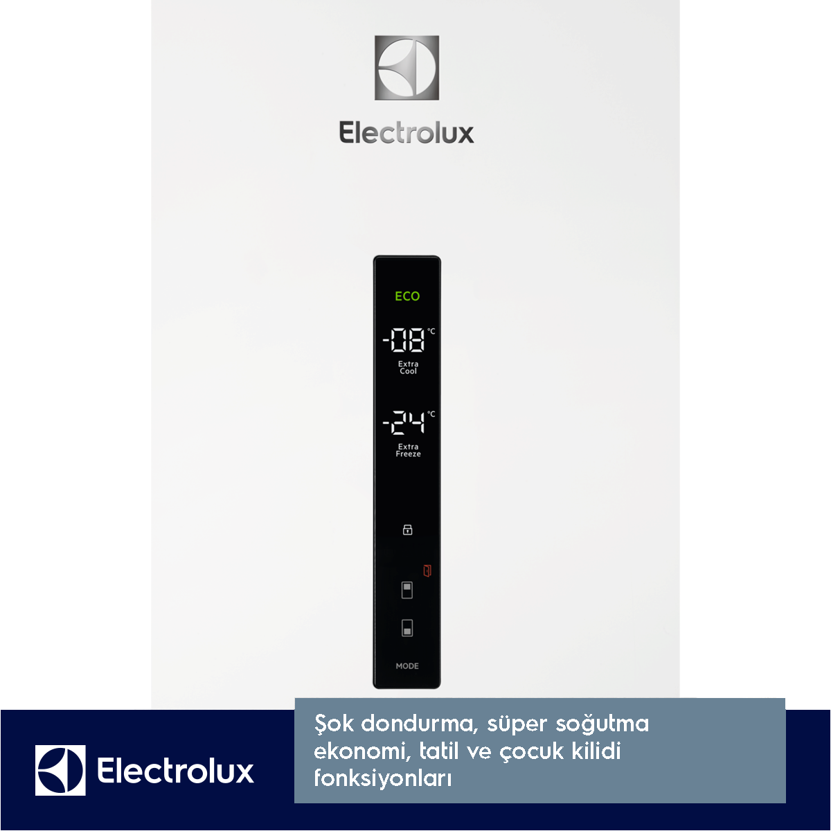 Siyah kontrol panelli beyaz Electrolux buzdolabı. ECO, -08°C ve -24°C gösterir. Ekstra soğutma ve dondurma gibi işlevler içerir.