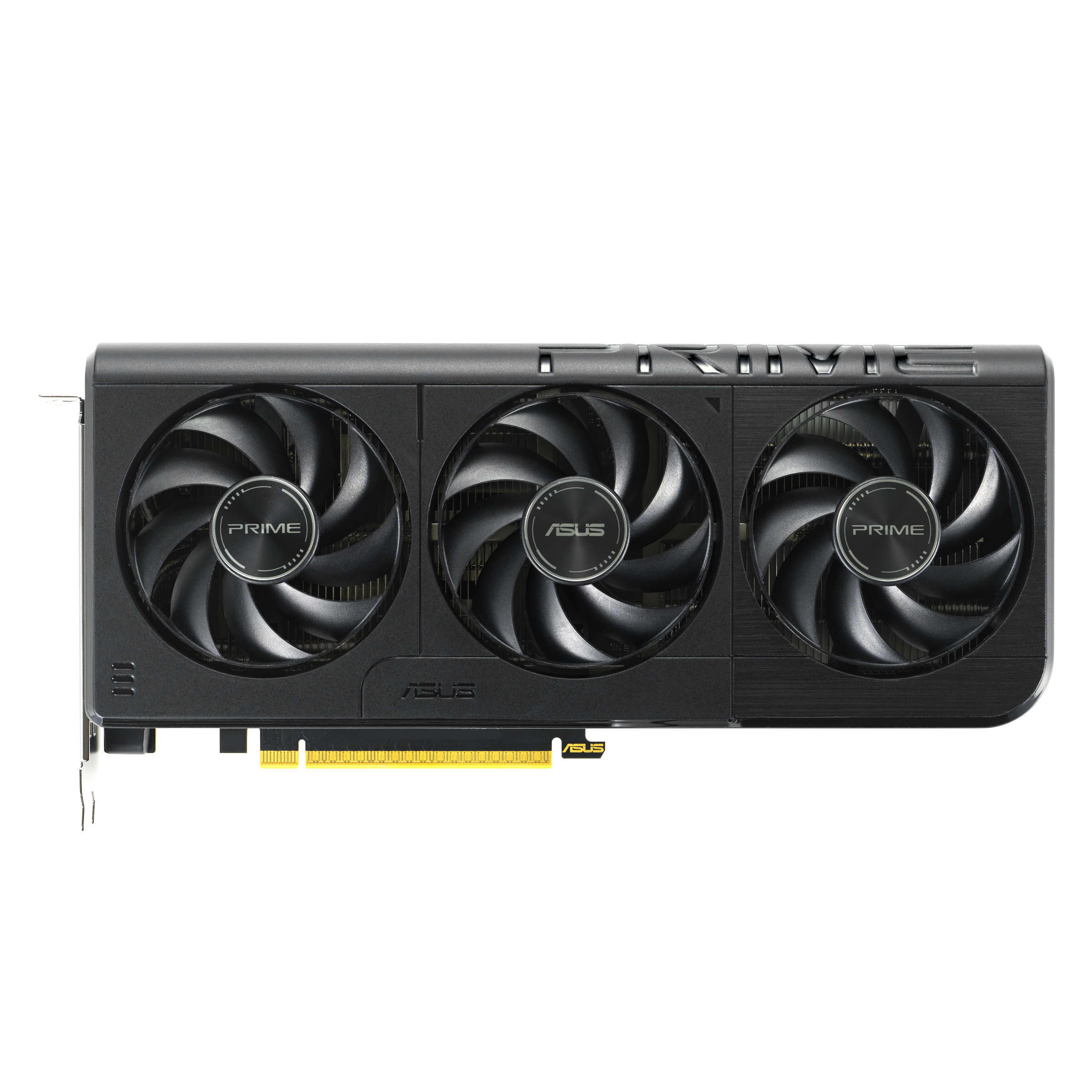 Eine schwarze ASUS Prime Grafikkarte mit drei Lüftern. Auf den Lüftern steht das Wort PRIME. ASUS ist ebenfalls sichtbar.