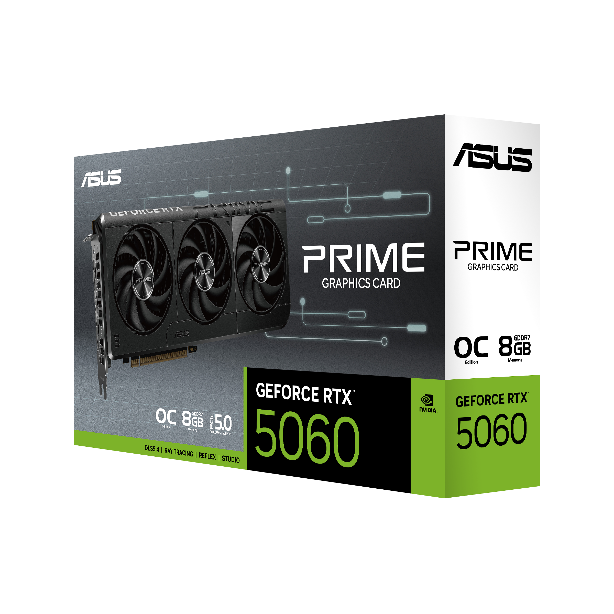 Eine Grafikkarte-Box. Schwarze Grafikkarte mit drei Lüftern. Grüner und weißer Text. ASUS- und GeForce RTX-Logos sind sichtbar.