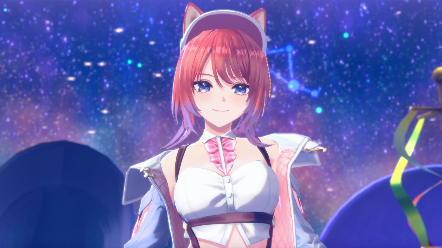 Anime-Mädchen mit roten Haaren und Katzenohren lächelt. Sie trägt ein weißes Oberteil und eine Jacke, mit Sternenhimmel im Hintergrund.