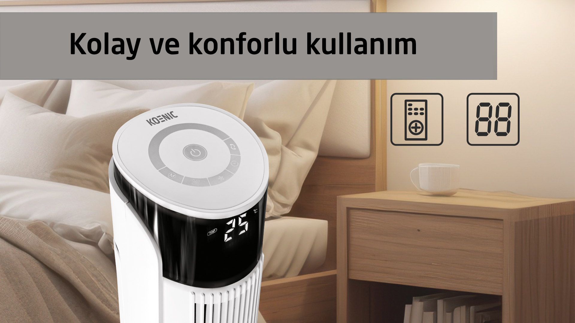 Beyaz bir hava temizleyici yatakta. Yanında bir fincan ve simgelerle bir komodin. Metin: 'Kolay ve konforlu kullanım'.