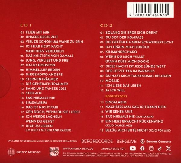 Ein CD-Cover mit deutschen Titeln. Listet CD1- und CD2-Songs auf. Enthält Künstler- und Labelinformationen.
