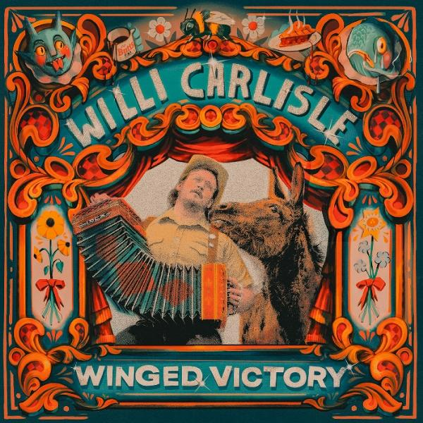 Albumcover mit Willi Carlisle, der Akkordeon spielt, von einem Esel umarmt. Der Titel 'Winged Victory' steht unten.