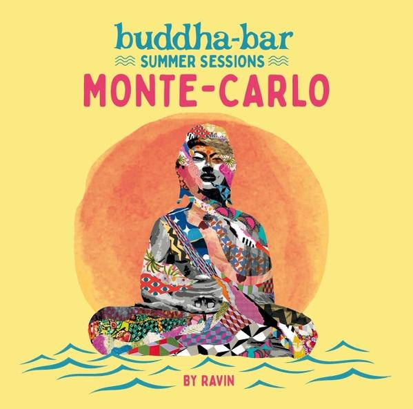 Bunte Buddha-Statue mit Sonnenuntergangshintergrund, den Worten Buddha-Bar Summer Sessions Monte-Carlo und Wellen.