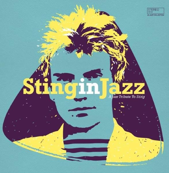 Albumcover. Sting in Jazz Titel, Bild von Sting mit gelbem Haar, lila Umriss und blauem Hintergrund.