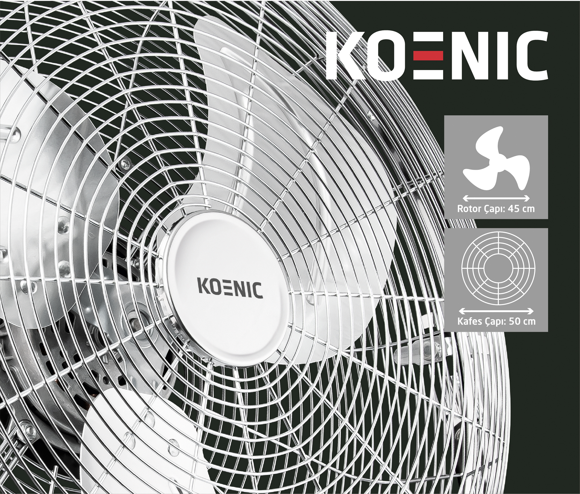 Krom bir fan, kafes ve kanatlarla. Marka KOENIC. Ölçüler: rotor 45 cm, kafes 50 cm.