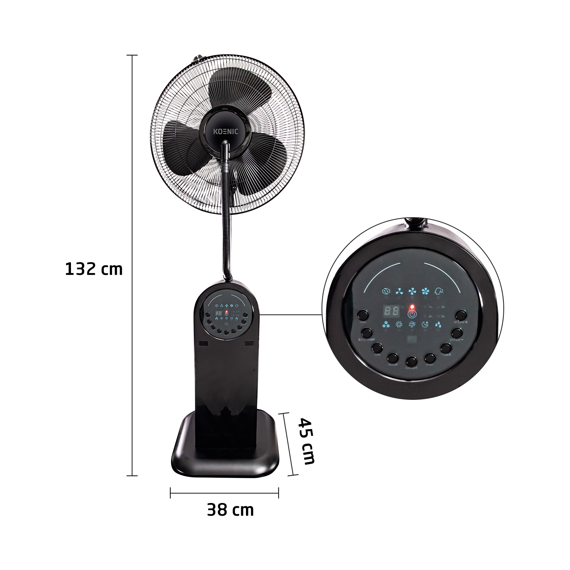 Dijital kontrol panelli siyah ayaklı vantilatör. Boyutlar: 132 cm yükseklik, 38 cm genişlik, 45 cm taban.
