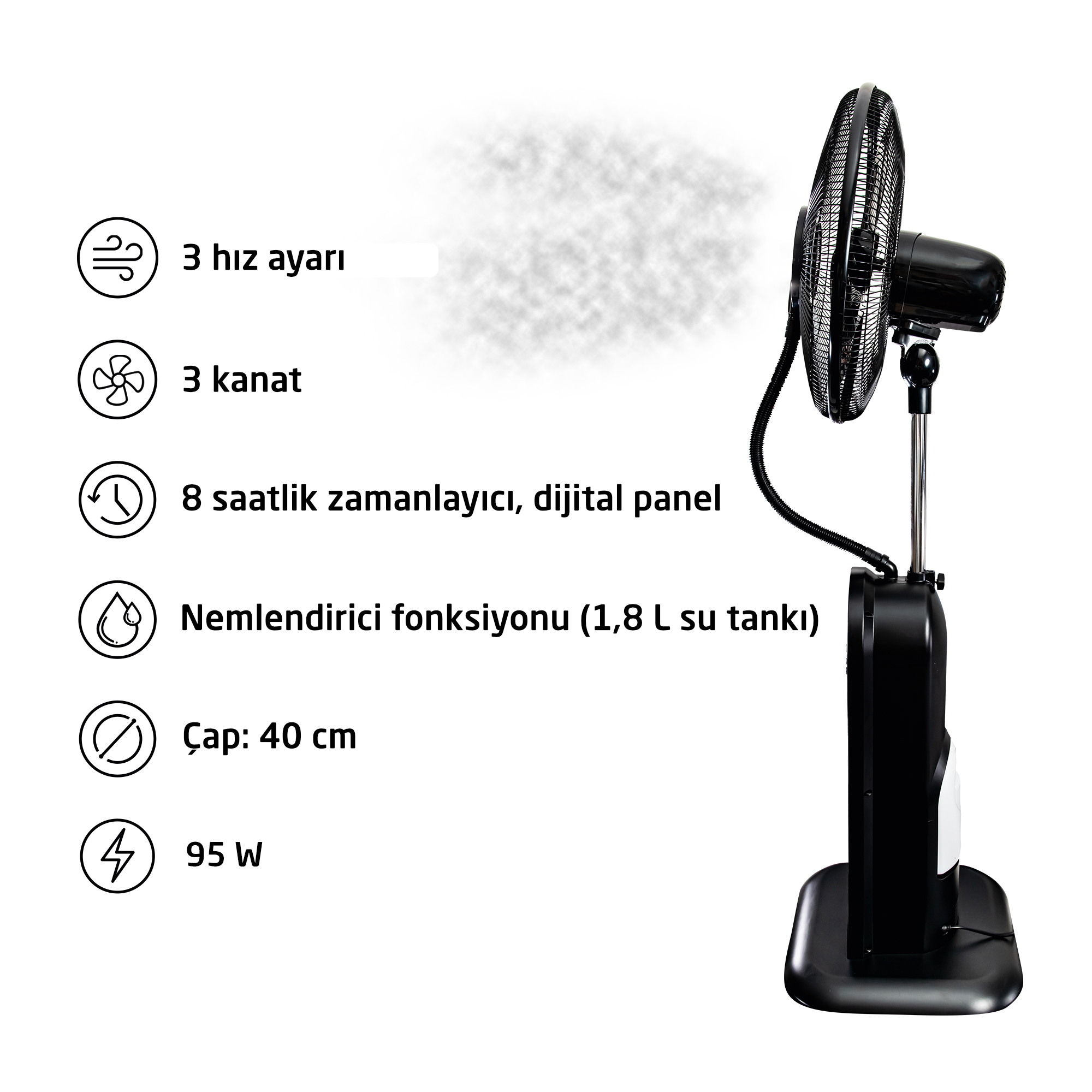 Beyaz zeminde, sis fonksiyonlu siyah bir vantilatör. 3 hız, 3 kanat, 8 saat zamanlayıcı ve 40 cm çap özelliklerine sahip.