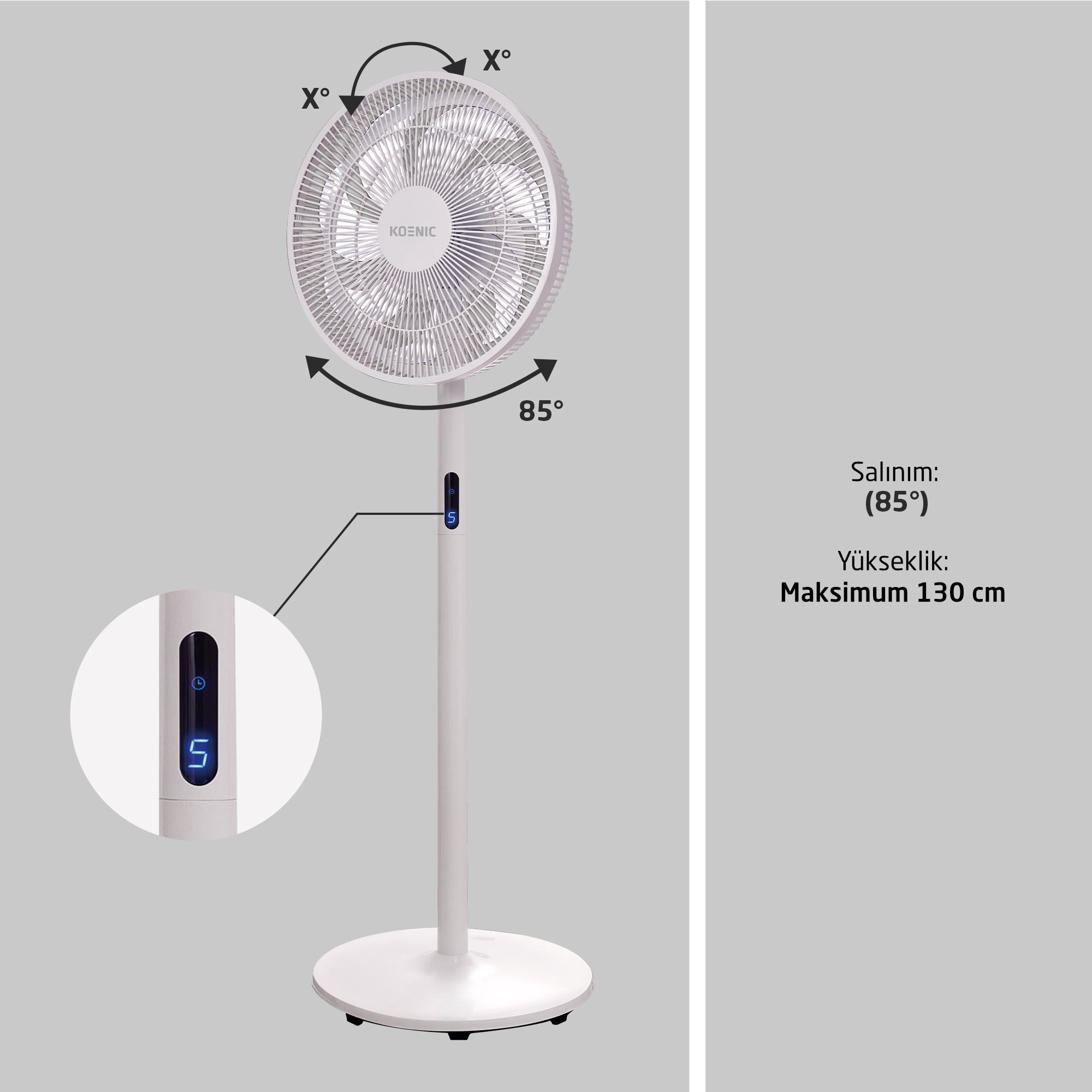 Dijital ekranlı, 5 rakamını gösteren beyaz Koenic fan ve 85 derecelik salınım aralığı. Maksimum yükseklik 130 cm'dir.