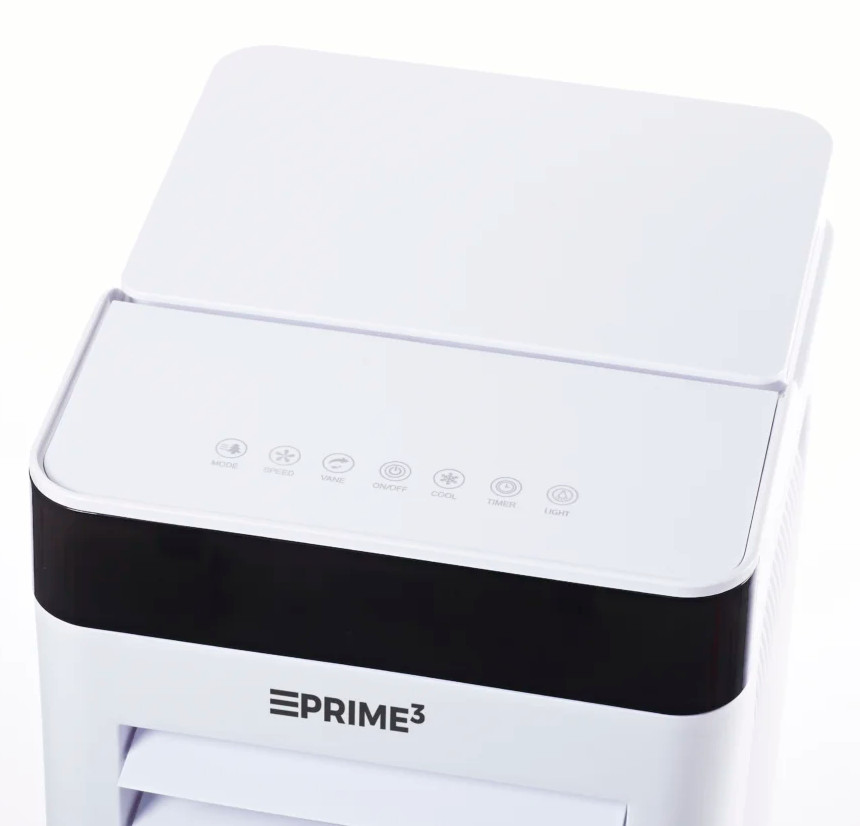 Biała niszczarka do papieru z czarnymi akcentami i panelem sterowania z ikonami. Marka to PRIME3.