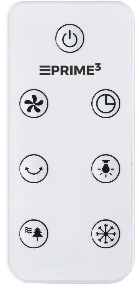 Biały pilot z czarnymi ikonami: zasilanie, wentylator, timer, uśmiech, żarówka, drzewo i płatek śniegu.