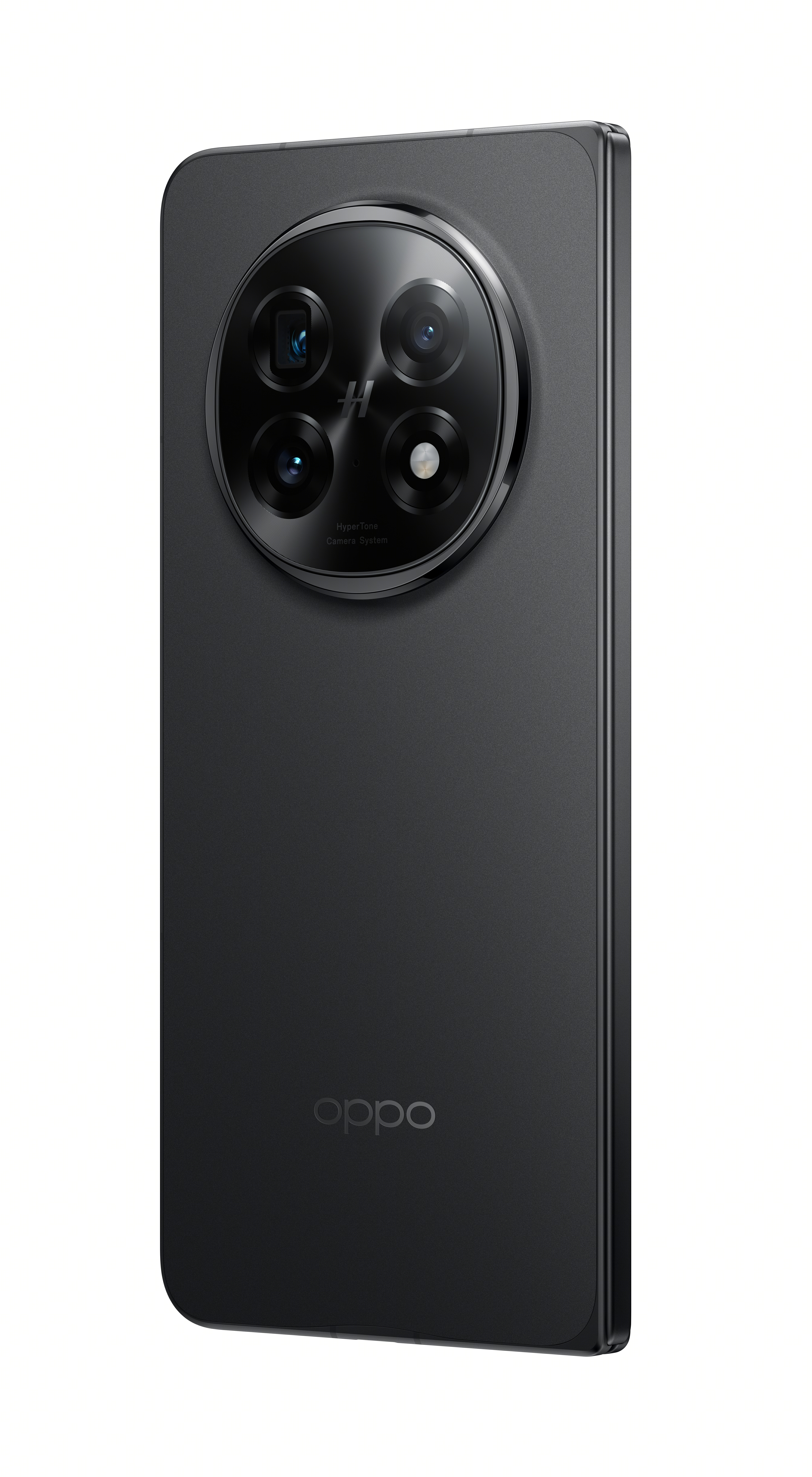 Büyük bir kamera modülüne sahip siyah bir Oppo telefon. Modülde dört lens var ve Oppo logosu görünür.