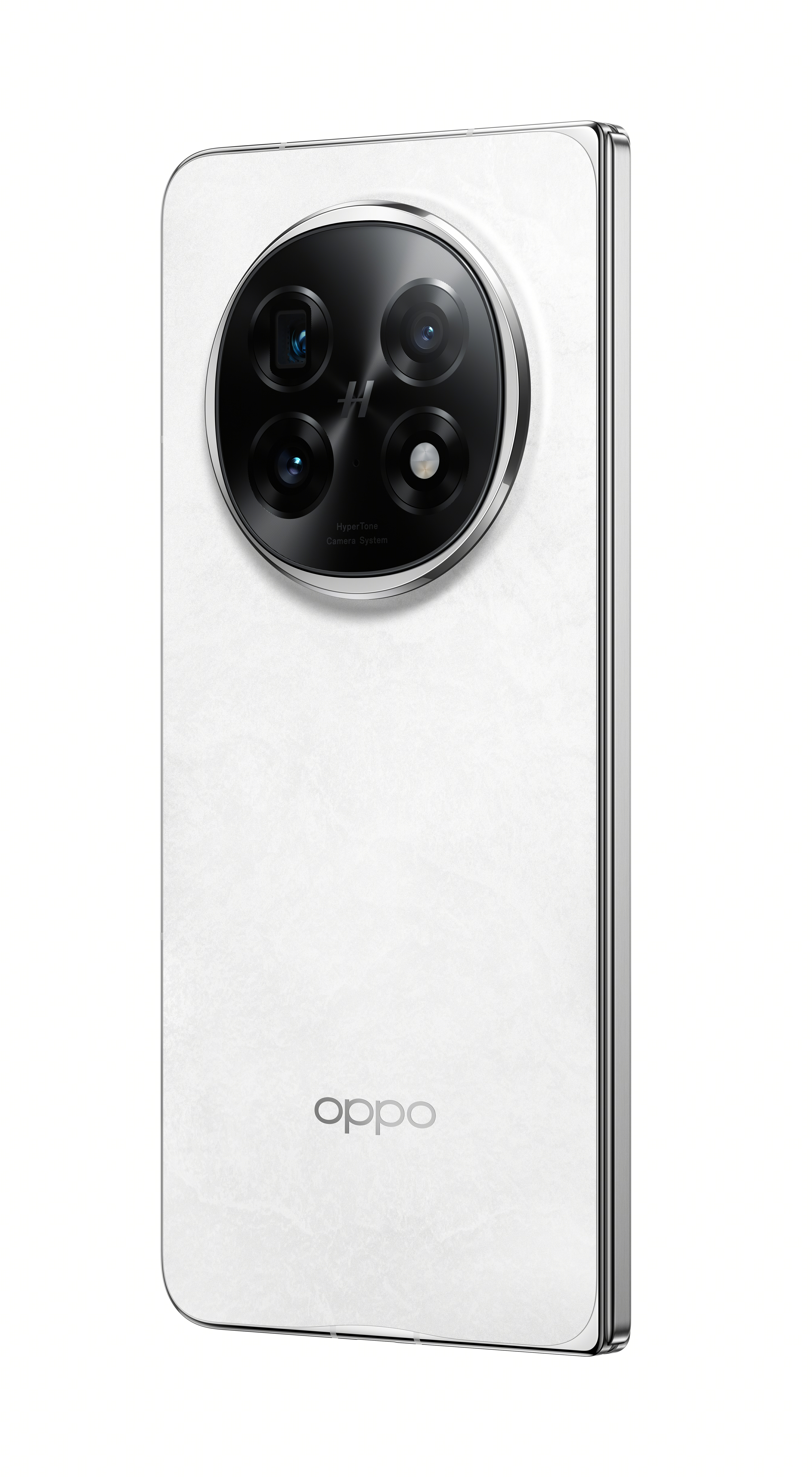 Dairesel kamera dizisine sahip beyaz bir Oppo telefonu. Dört lensi ve markanın logosu var.