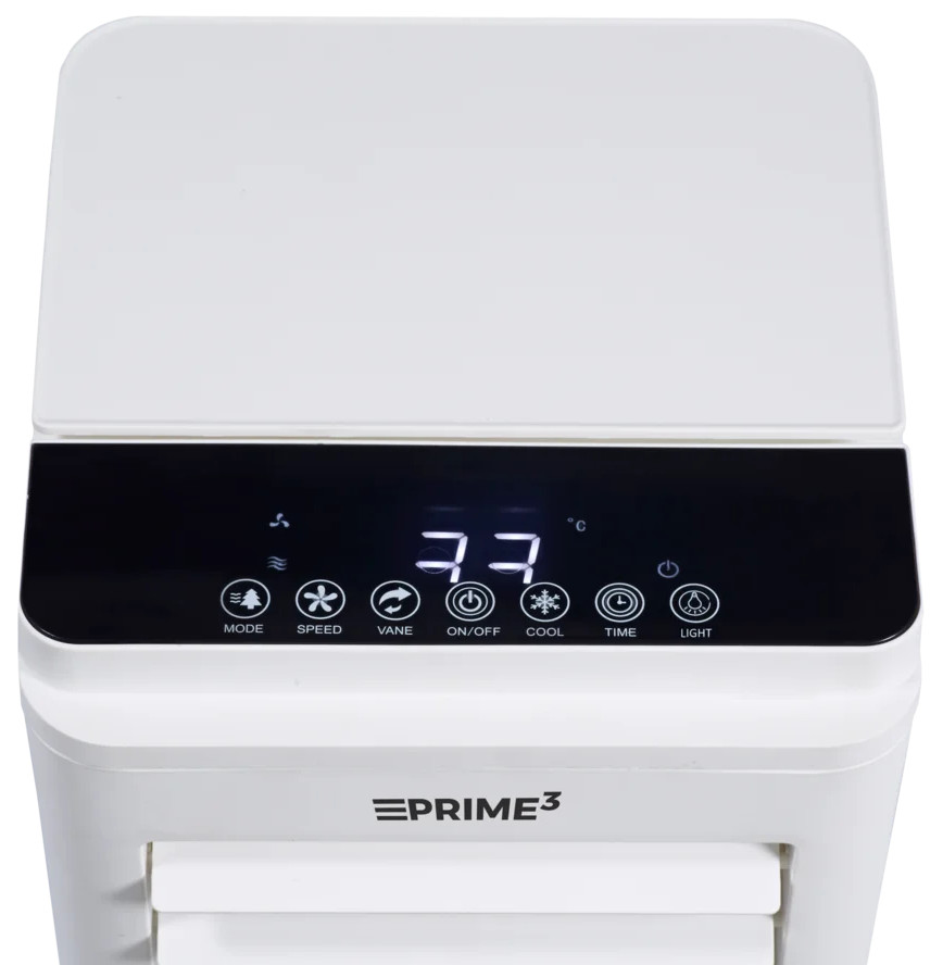 Biała chłodziarka powietrza z cyfrowym wyświetlaczem pokazującym 33 stopnie Celsjusza. Przyciski sterowania są widoczne na dole. Marka to Eprime3.