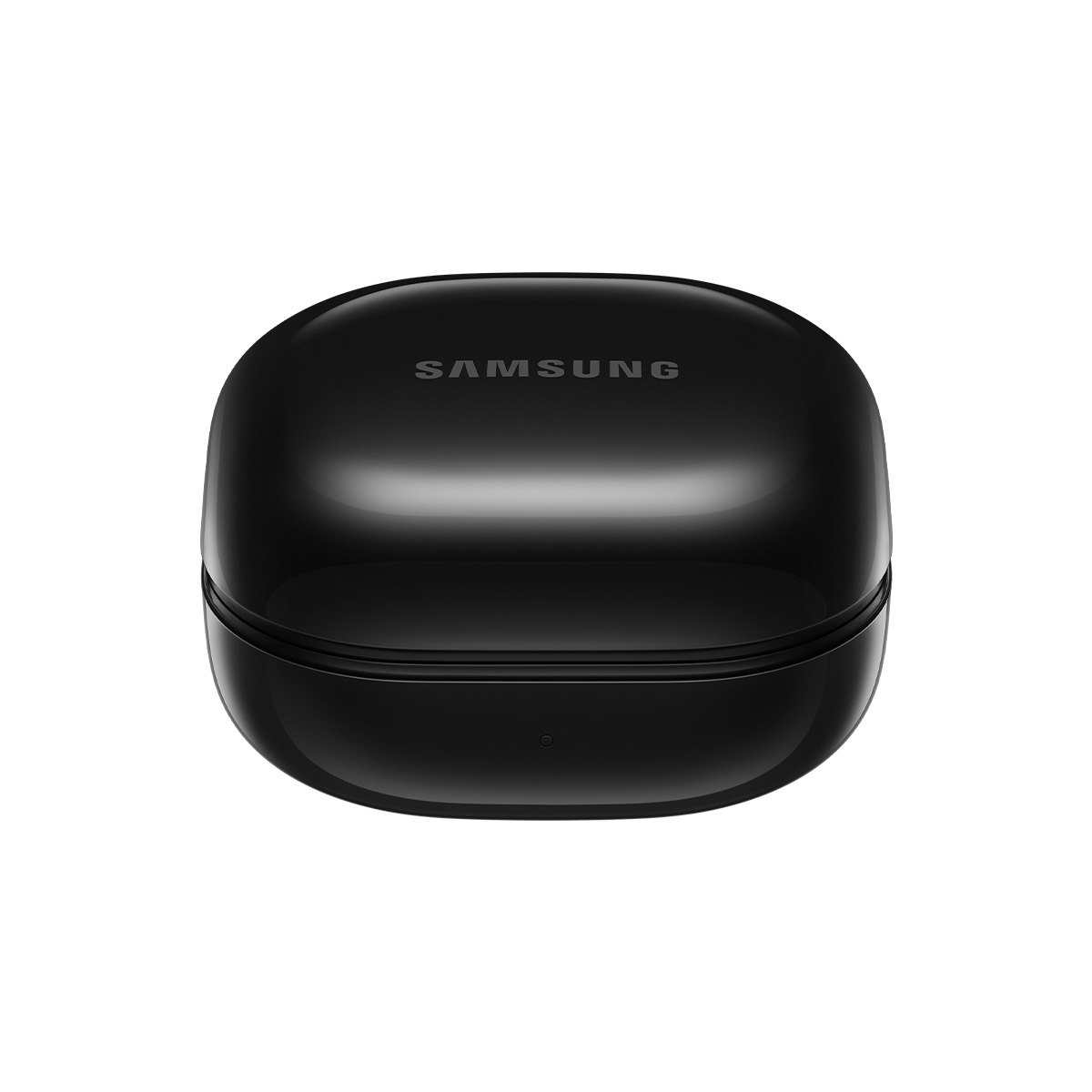 Siyah, parlak bir Samsung kulaklık çantası. Marka adı üst kısımda yer almaktadır. Çanta yuvarlak kare şeklindedir.