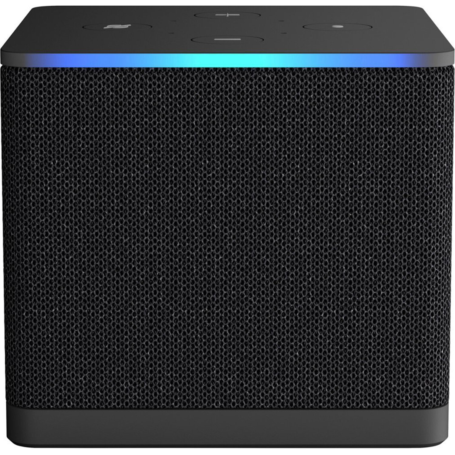 Czarny głośnik z siatkowym przodem. Na górze przyciski i niebieskie światło. Ciemna podstawa.