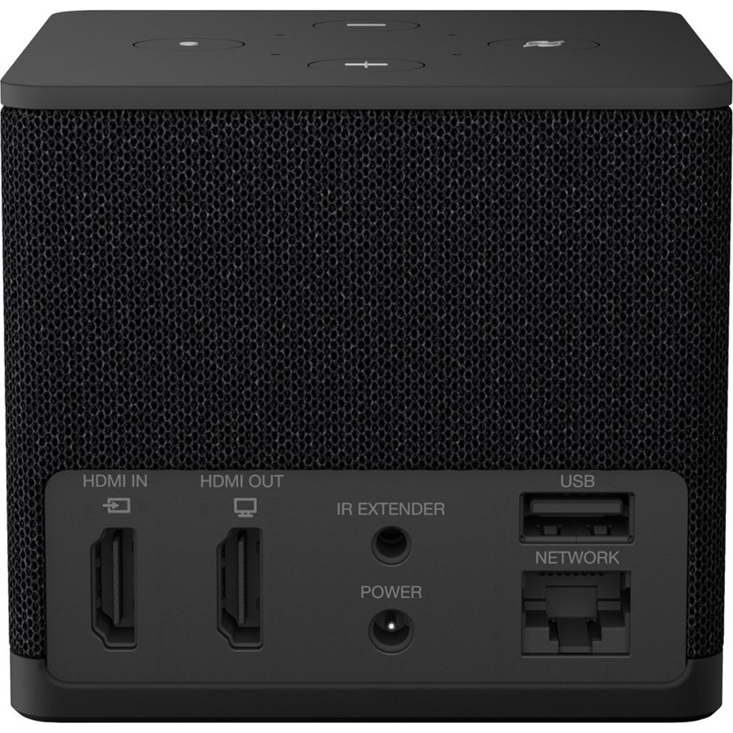 Czarny głośnik z przyciskami na górze. Porty: HDMI in/out, USB i sieć. Siateczkowa tekstura na bokach.