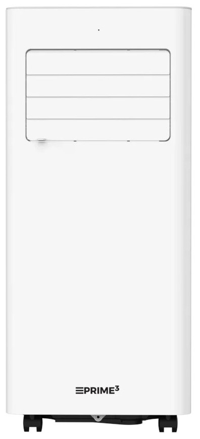Biała przenośna klimatyzacja. Posiada poziome otwory wentylacyjne, markę Prime3 i kółka.