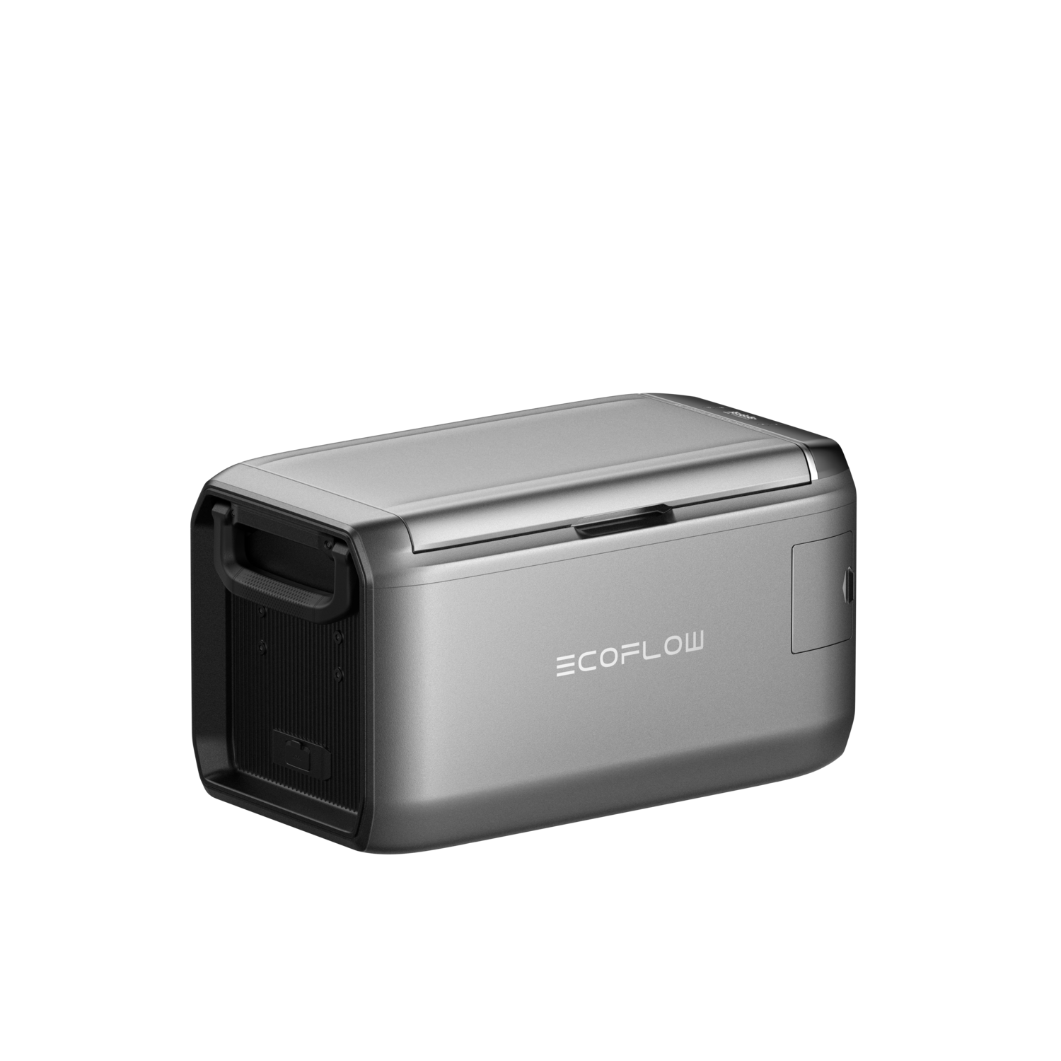 A silver EcoFlow portable power station. It has a handle, a vent, and the EcoFlow logo. The background is black.
