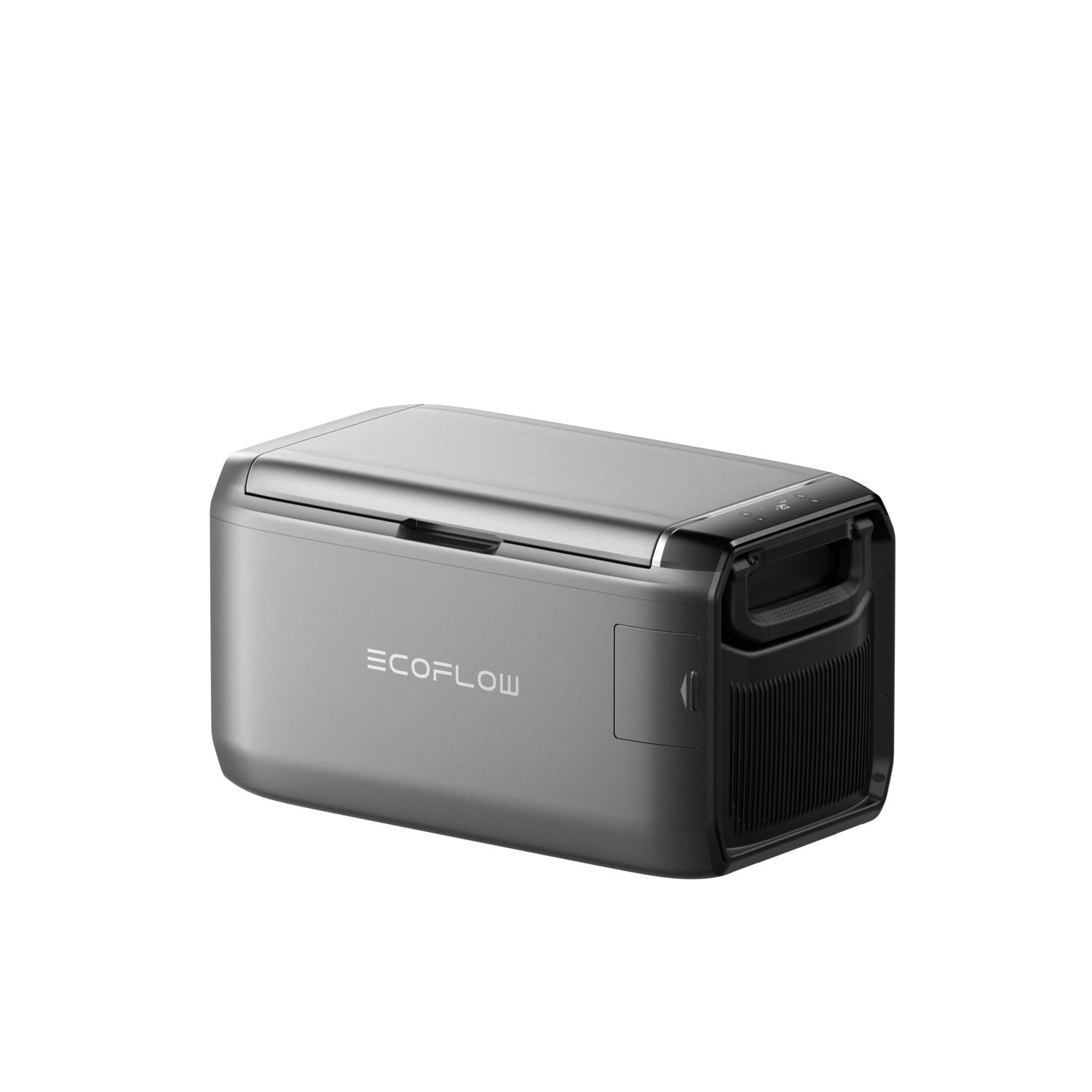 A silver EcoFlow portable fridge-freezer on a black background. It has a handle and vents on the side.