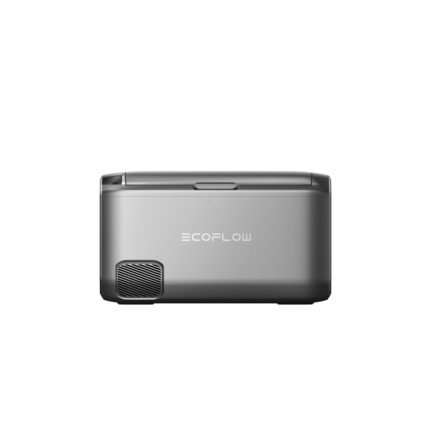 A silver EcoFlow cooler on a black background. The cooler has a vent and the EcoFlow logo.