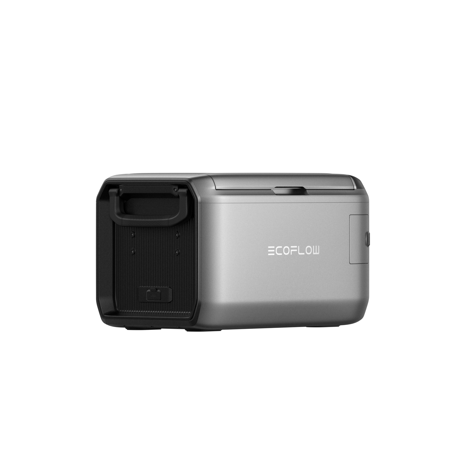 A silver EcoFlow power station on a black background. It has a handle, a black front panel, and the EcoFlow logo on the side.