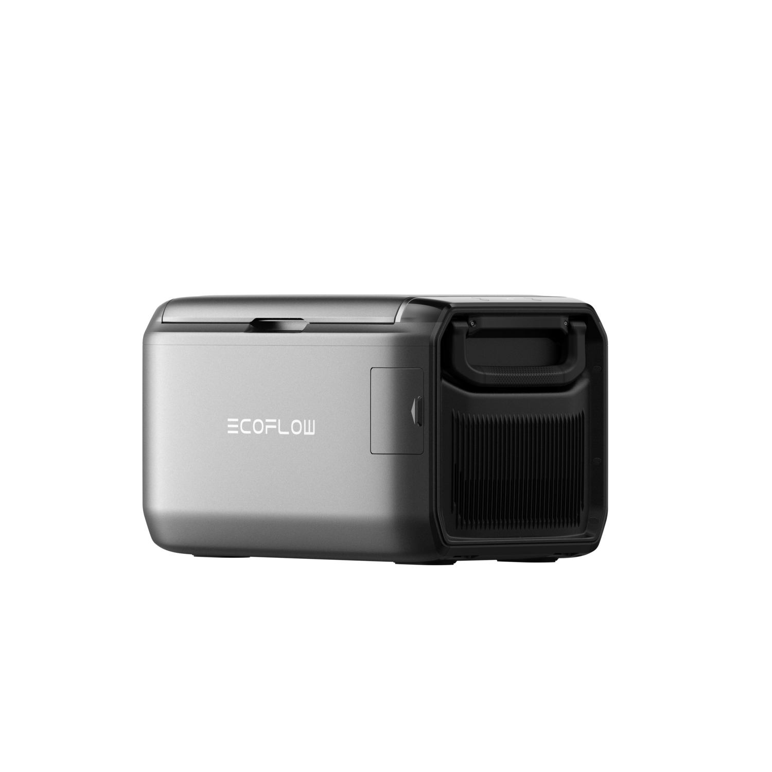 A silver and black EcoFlow portable power station on a black background. It features a handle and air vents.