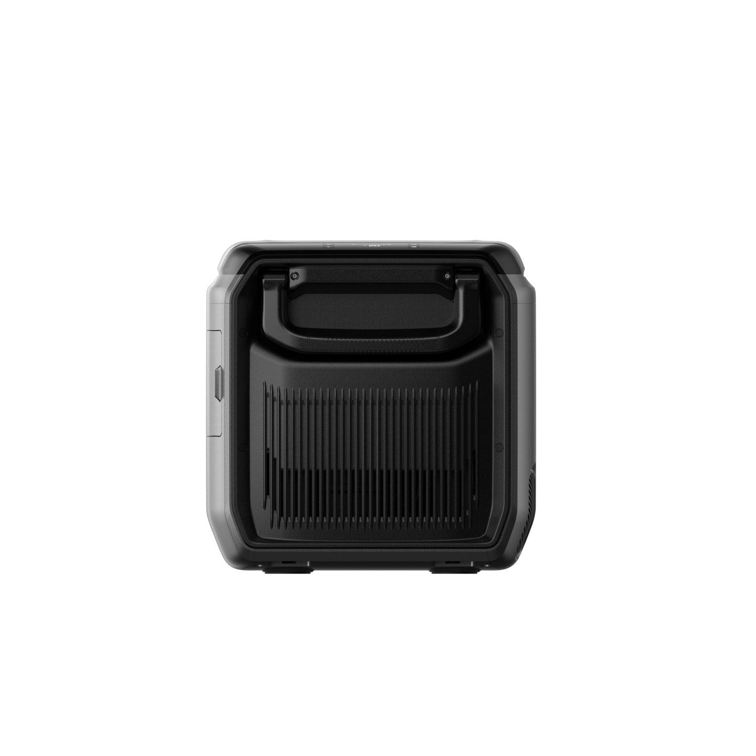 A black and gray power station with a handle, vents, and ports is centered against a black background.