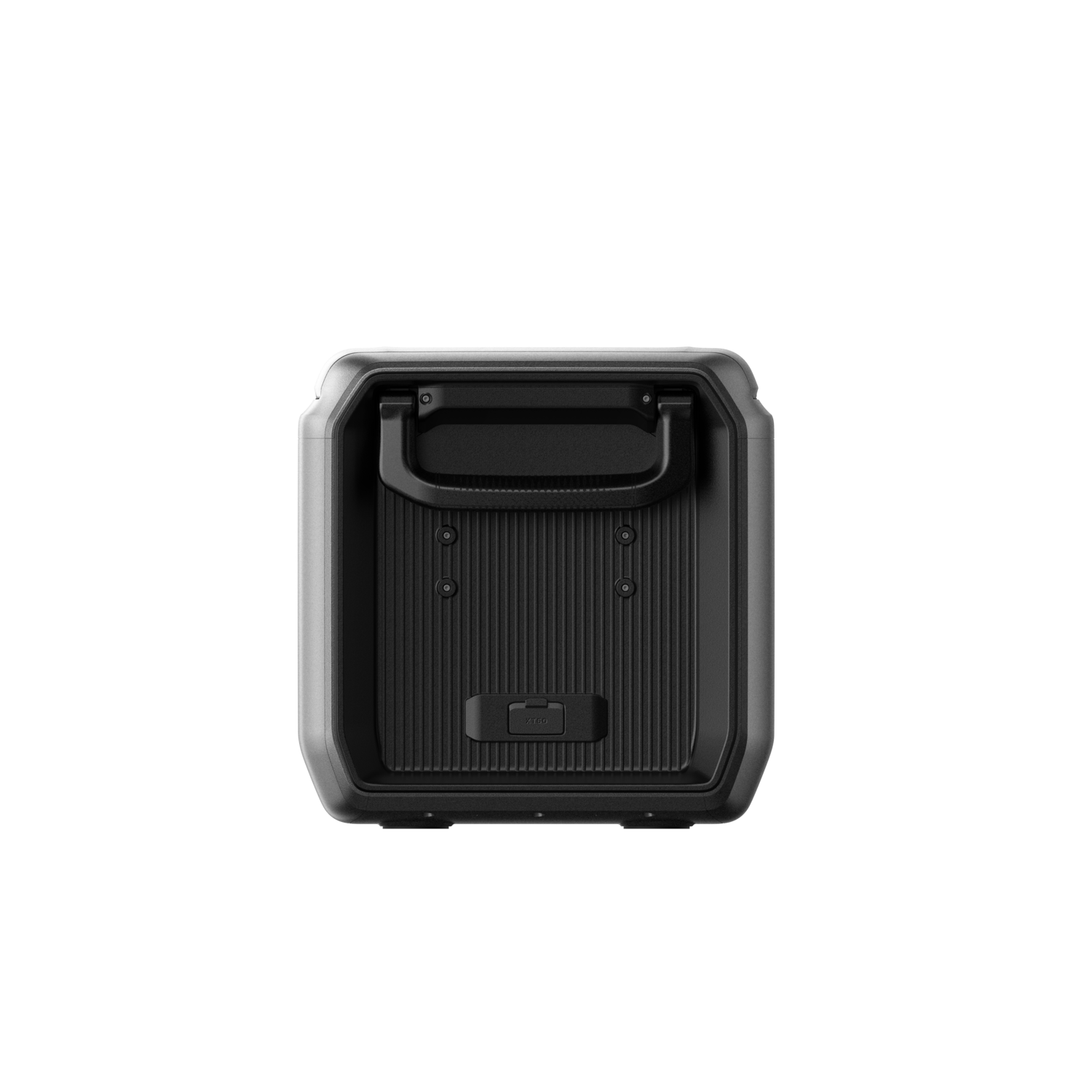 A black portable speaker with a handle. It has a ribbed front and a black background.