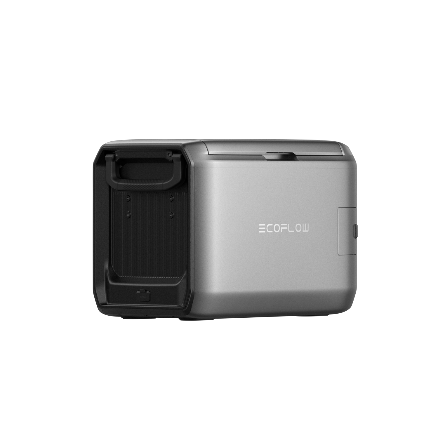 A silver EcoFlow power station, black handle on the left, and a small door on the right. The background is solid black.