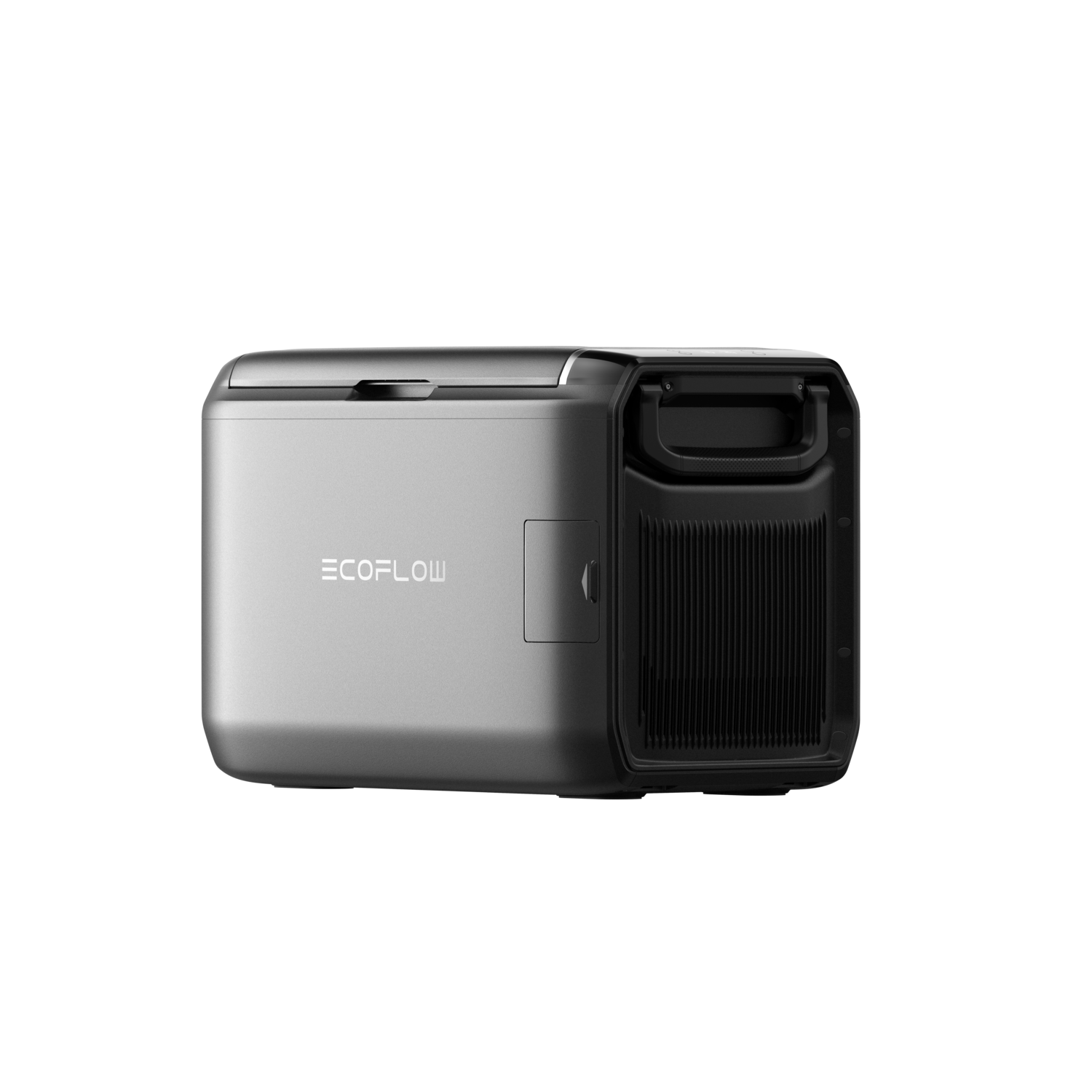 A silver and black EcoFlow power station. It has a handle, ventilation grilles and an EcoFlow logo on a black background.