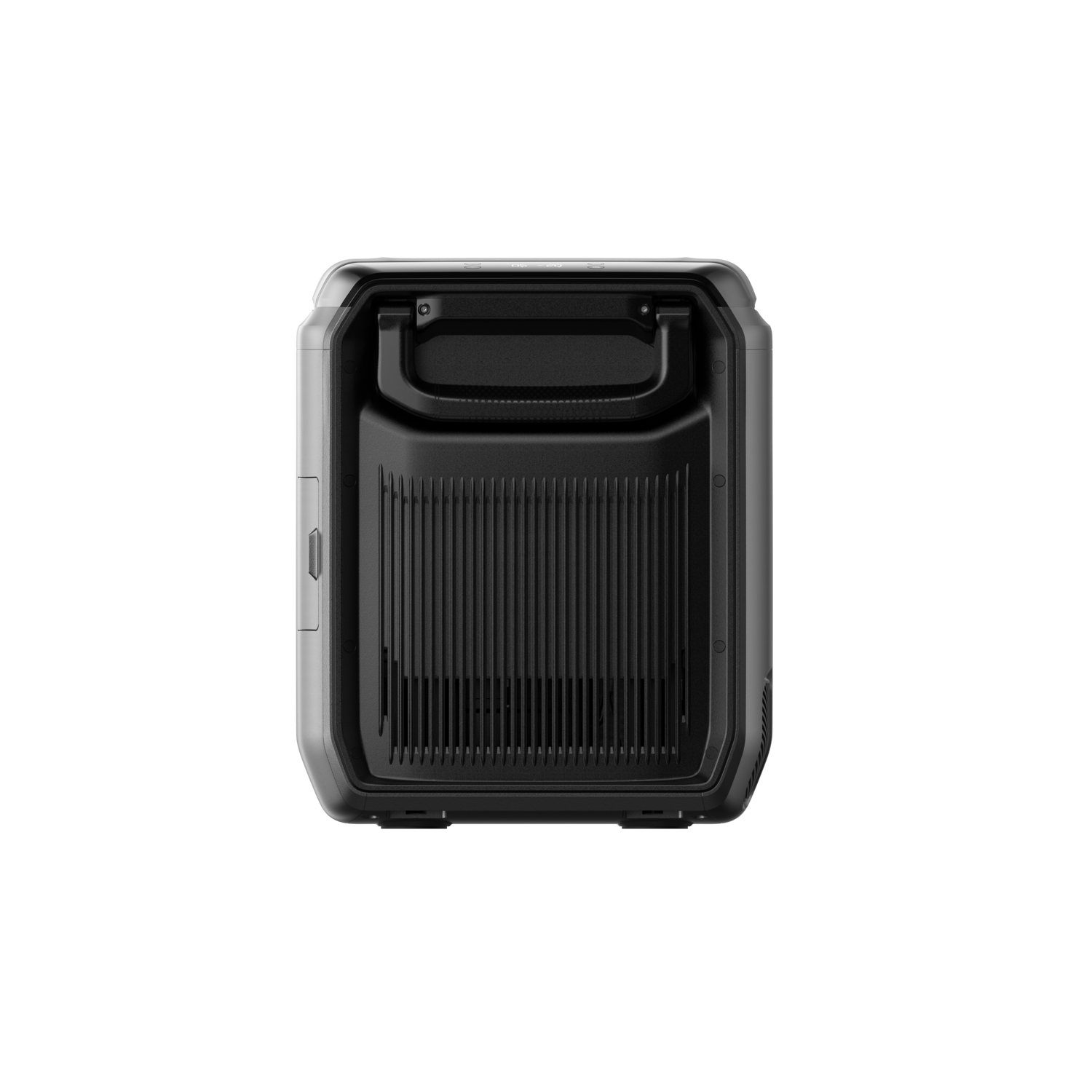 A black and gray rectangular device with a handle. The front has vertical lines and a handle. It's against a black background.