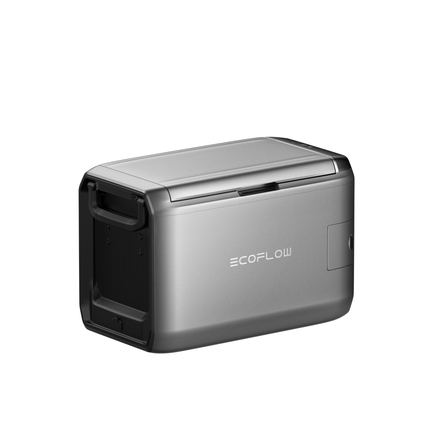A silver EcoFlow portable power station. It has a handle, a side panel, and the EcoFlow logo is visible.
