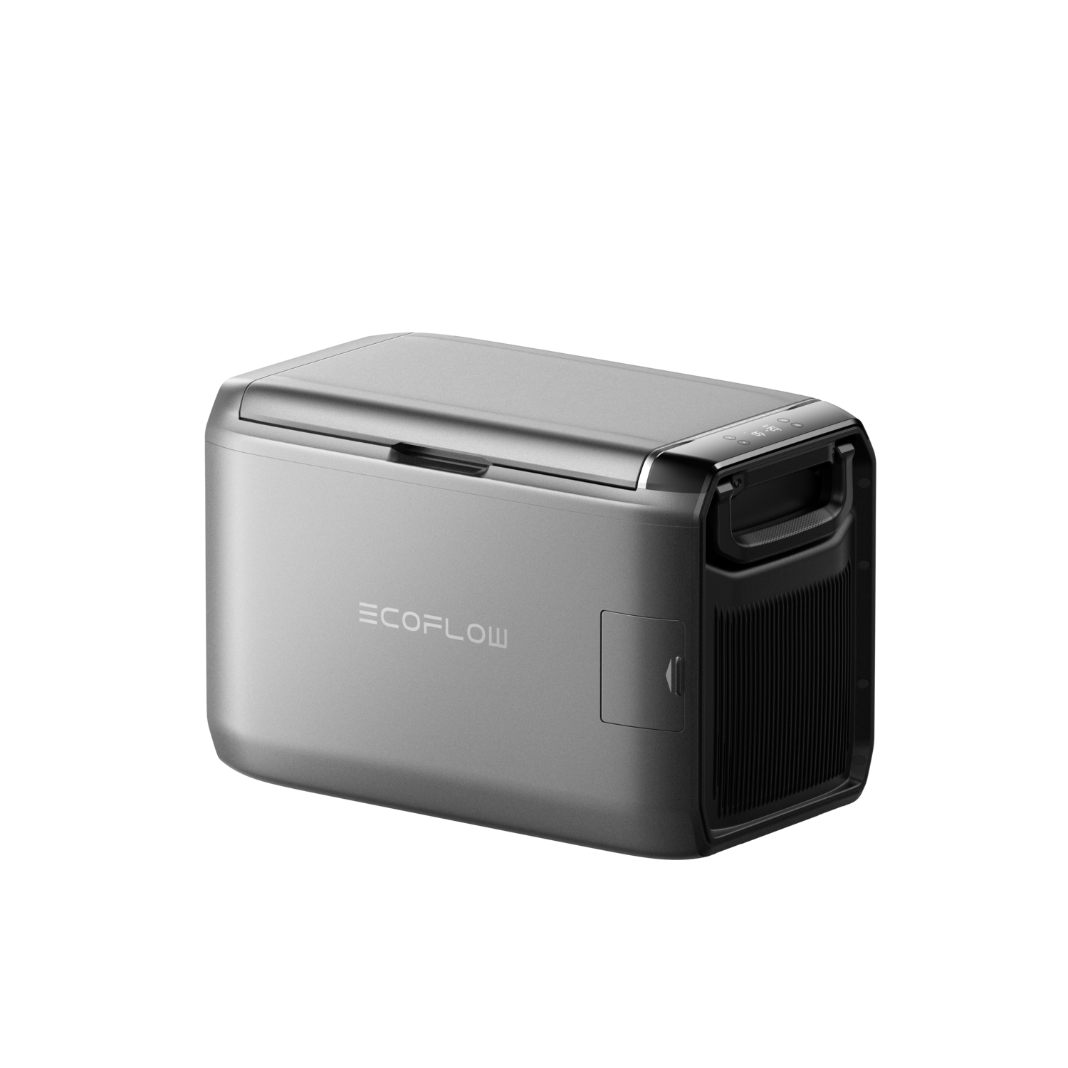 A silver EcoFlow portable refrigerator on a black background. Features a handle, display, and a vent.