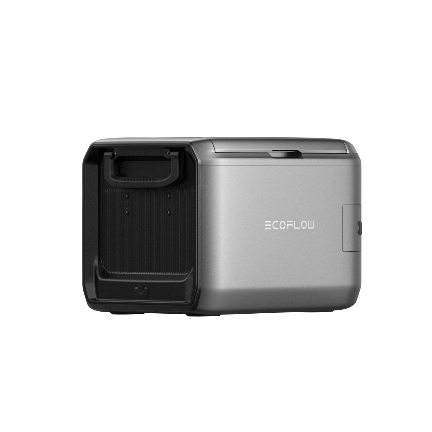 A silver and black EcoFlow power station. It has a handle, a black interior, and the EcoFlow logo.