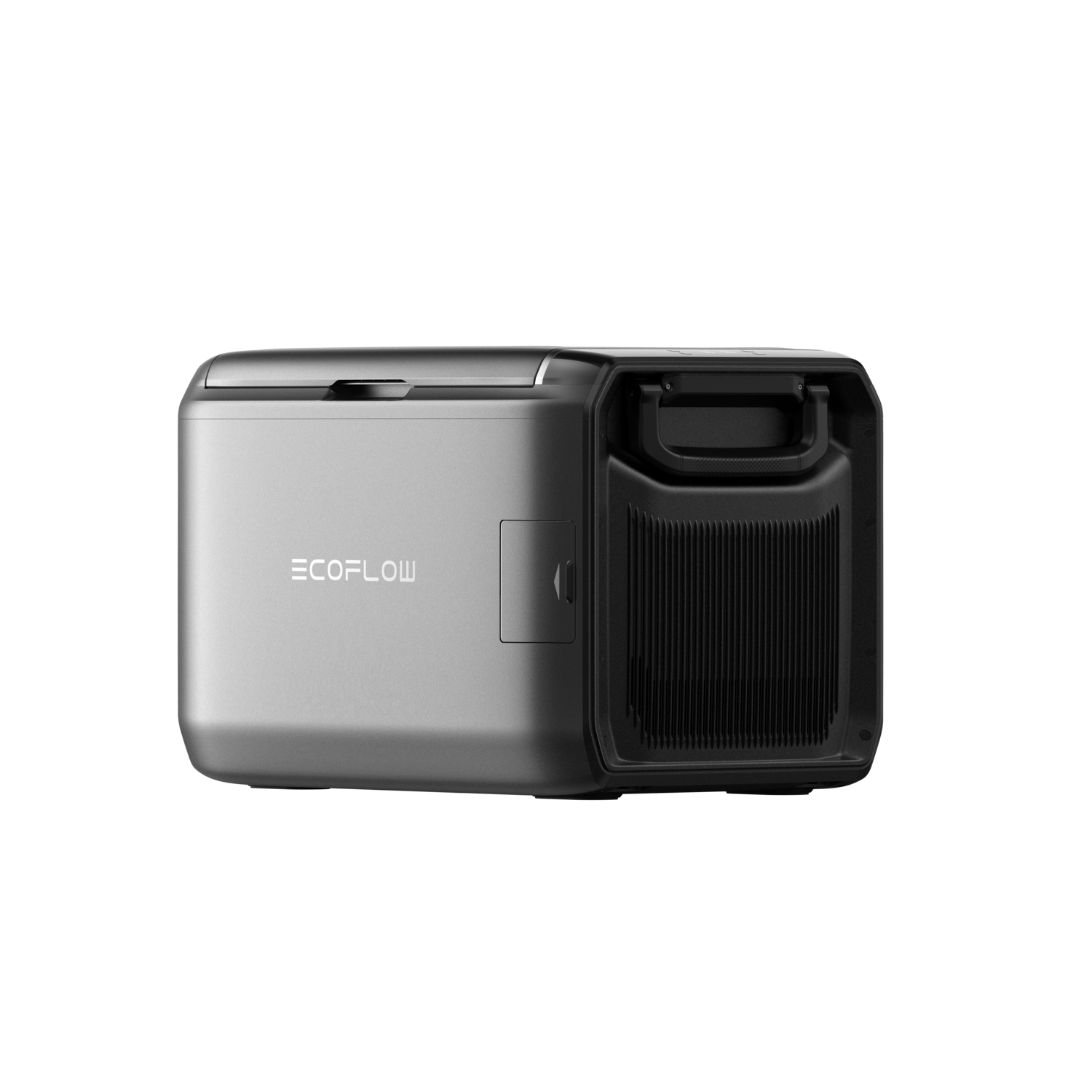 A silver and black EcoFlow power station. The front has the EcoFlow logo. The right side has a black ventilation area and a handle.