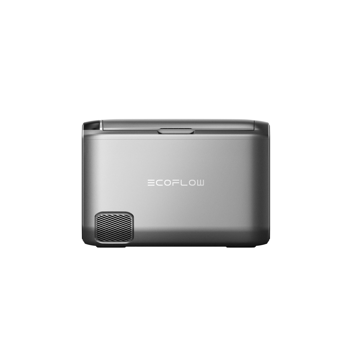 A silver ECOFLOW cooler is centered against a black background. It has a vent, a handle, and the brand name.