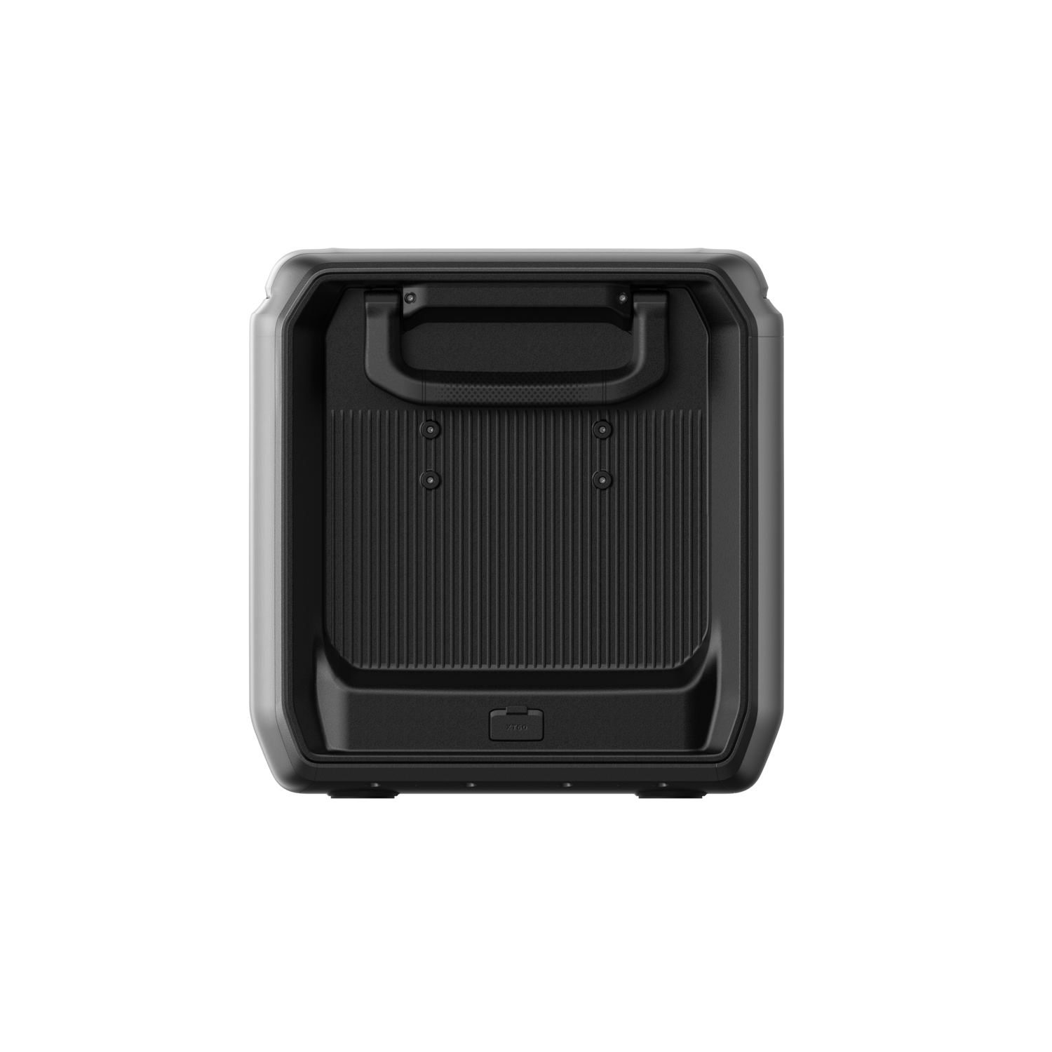 A black rectangular device with a handle. The device has a textured surface and appears to be a portable power source.