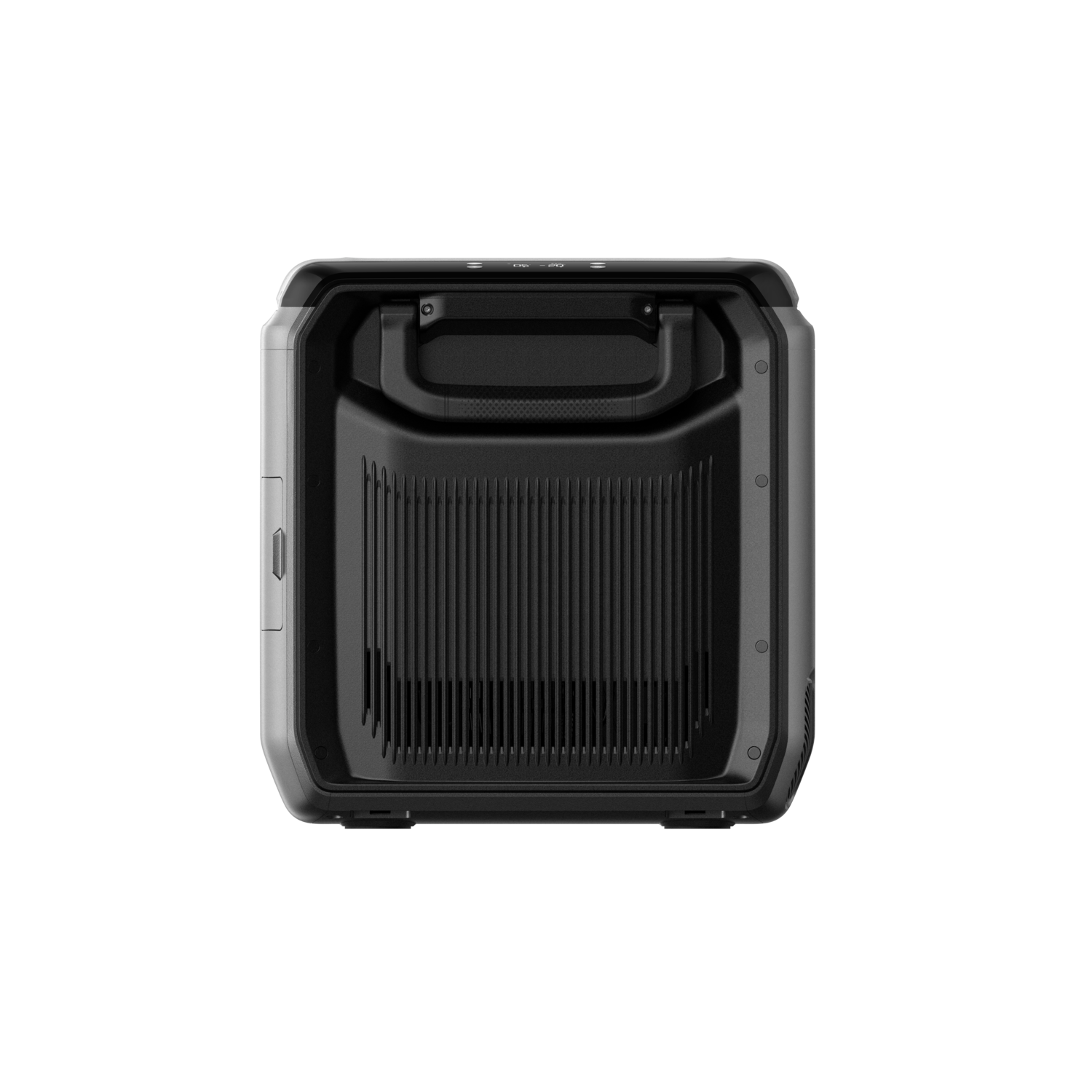 Black speaker with handle and vertical grill. The background is black.
