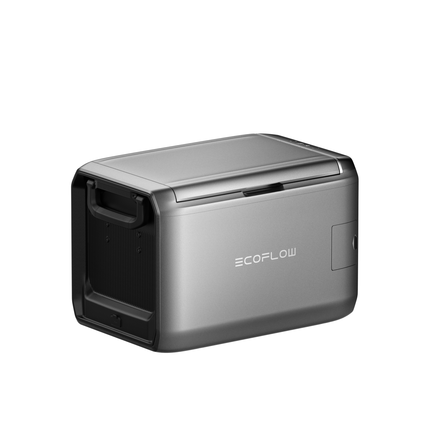 A silver portable power station with a handle, black accents, and the brand name ECOFLOW. It is set against a black background.