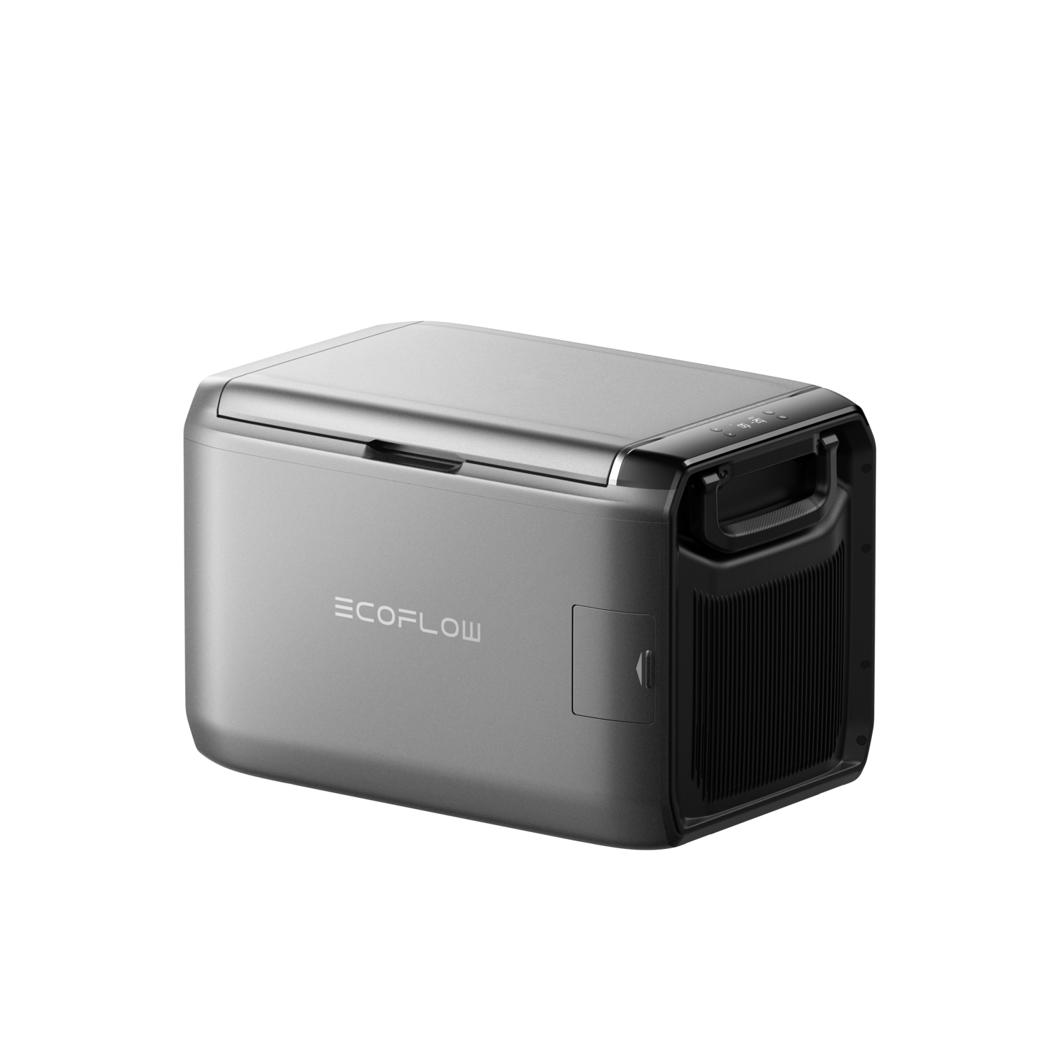A silver EcoFlow cooler on a black background. It has a handle, a control panel, and a vent.