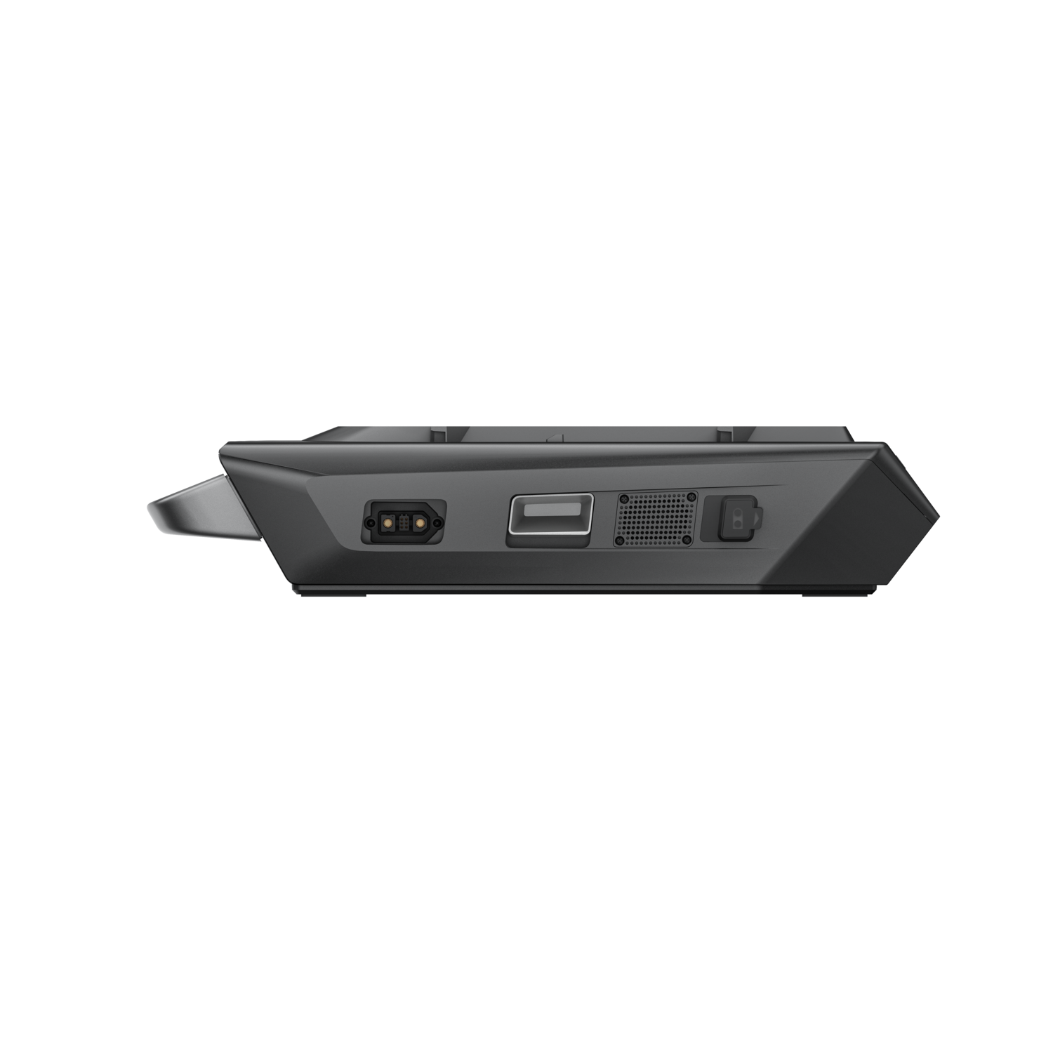 A dark gray device is centered, showing ports and connectors against a black background. The device has a sleek, angular design.
