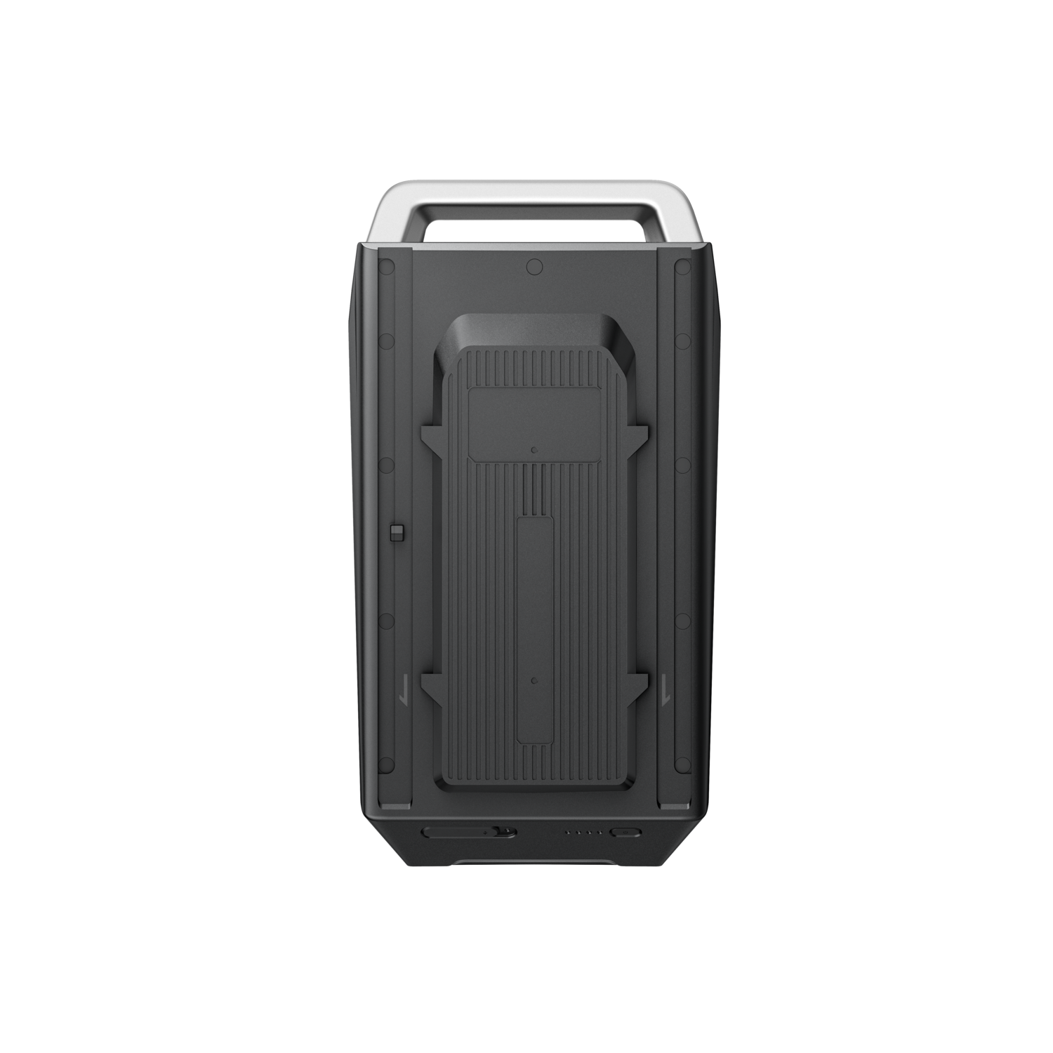 A black and gray rectangular power station with a silver handle. The back has a panel with vertical lines and a smaller rectangular panel.