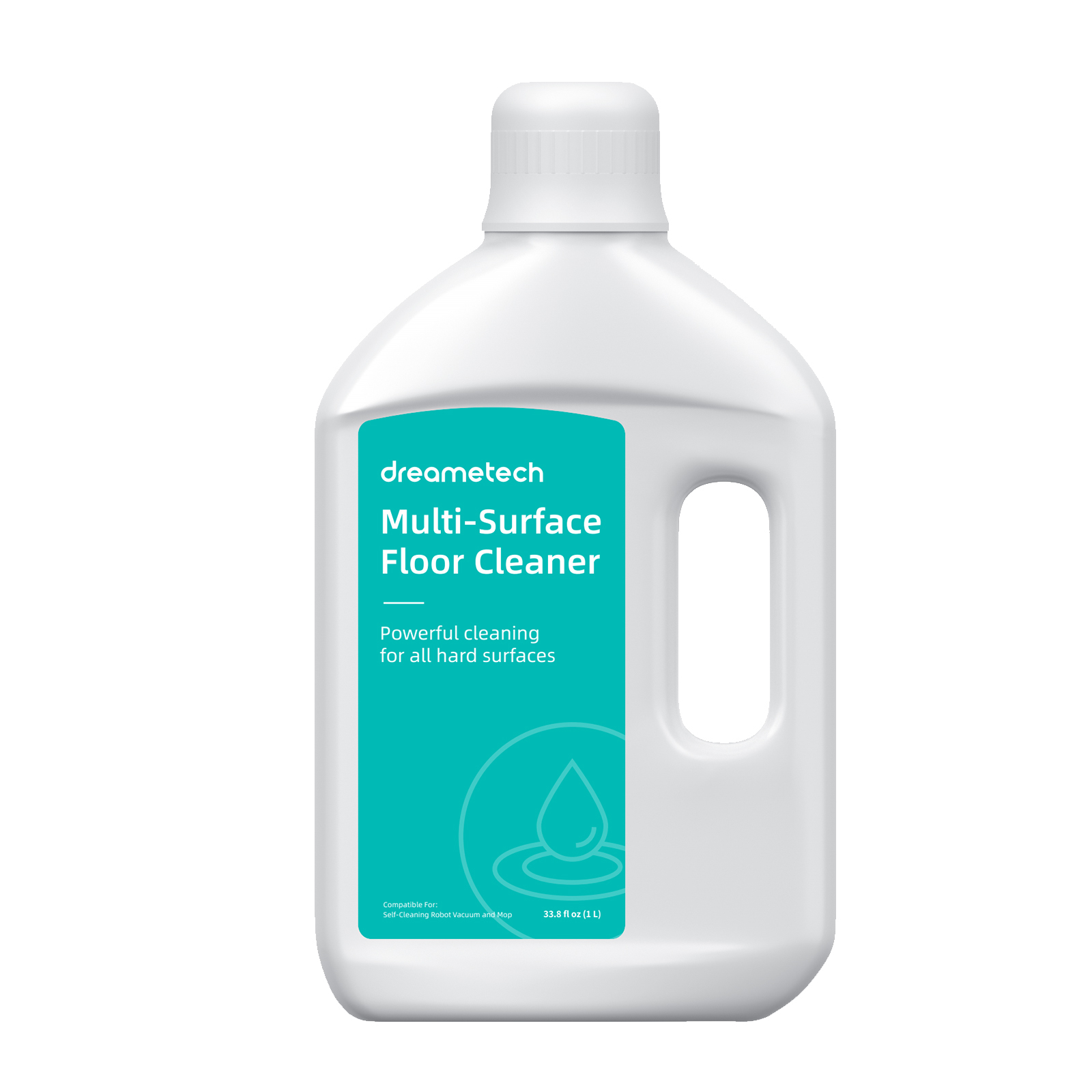 Eine weiße Flasche Bodenreiniger mit teal Etikett. Text lautet 'Multi-Surface Floor Cleaner' und 'dreametech'.