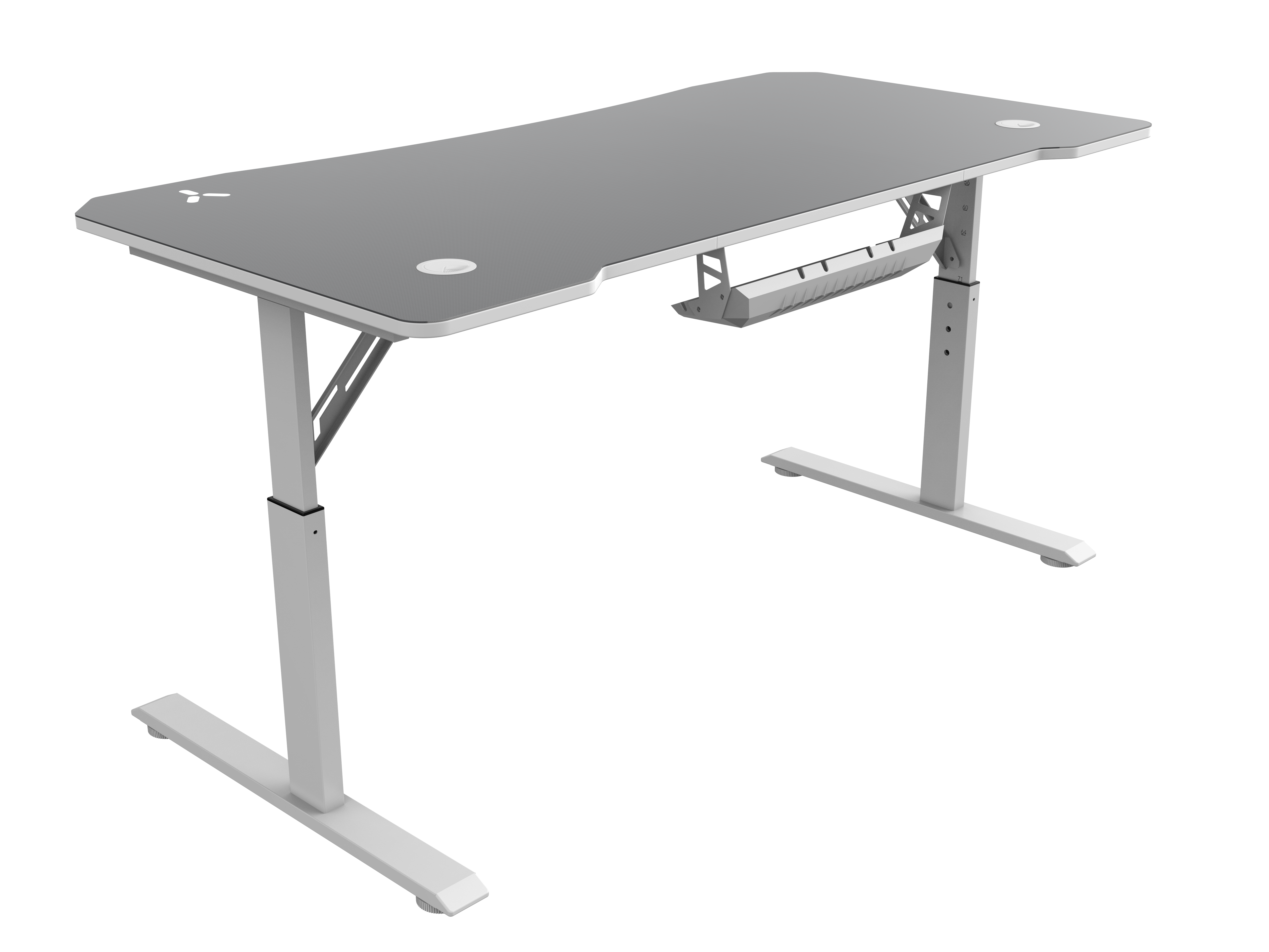 Ein grauer Schreibtisch mit weißen Beinen und schwarzem Hintergrund. Unter dem Tisch befindet sich eine Kabelwanne.