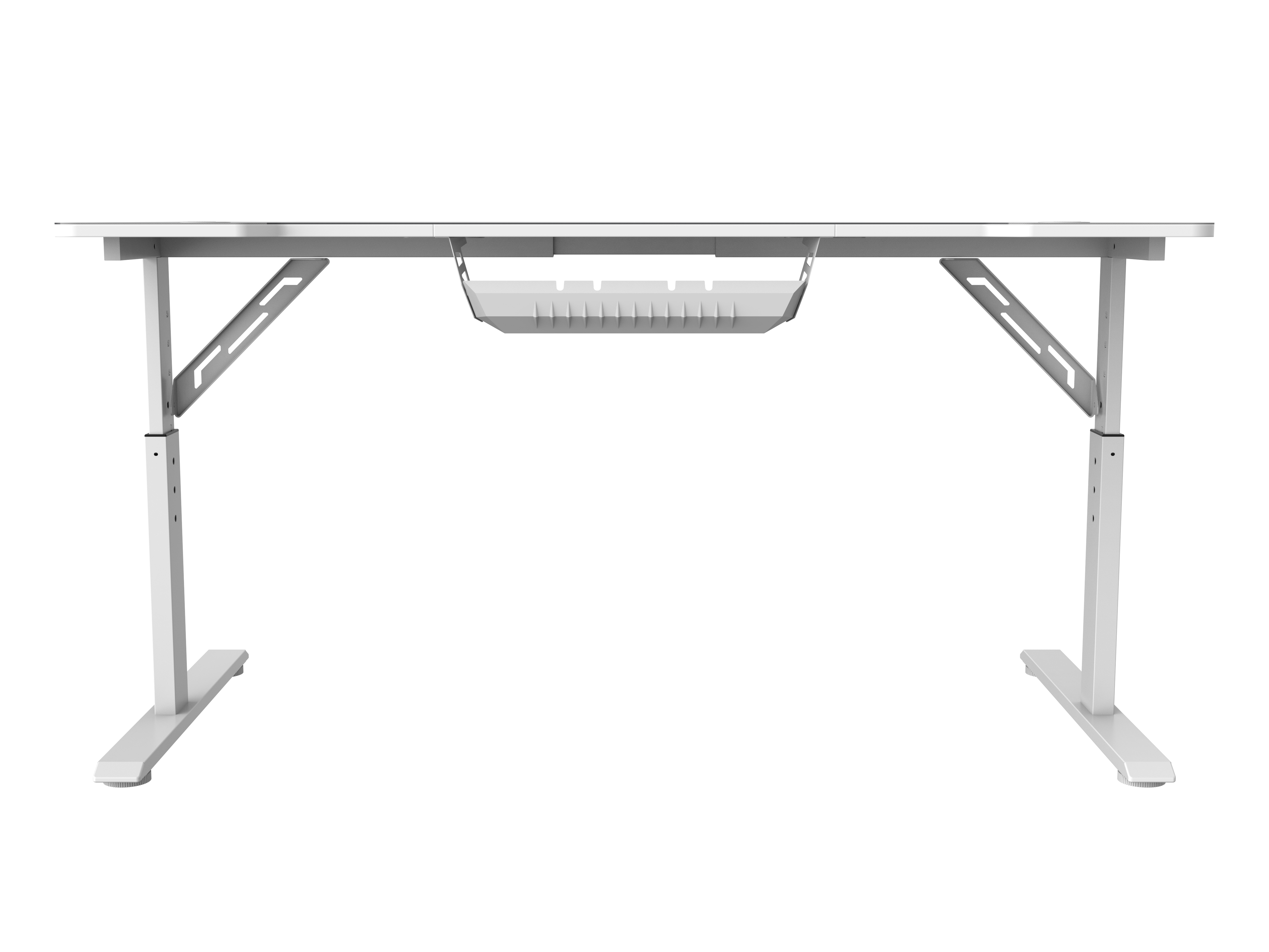 Ein weißer, höhenverstellbarer Schreibtisch auf schwarzem Hintergrund. Er hat eine rechteckige Oberfläche, Metallrahmen und eine Kabelführung.